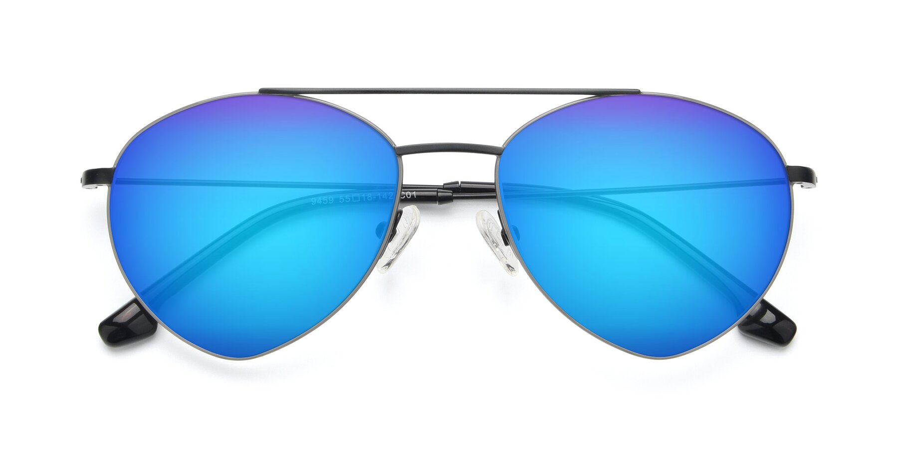 Folded Front of 9459 in Matte Black-Grey with Blue Mirrored Lenses