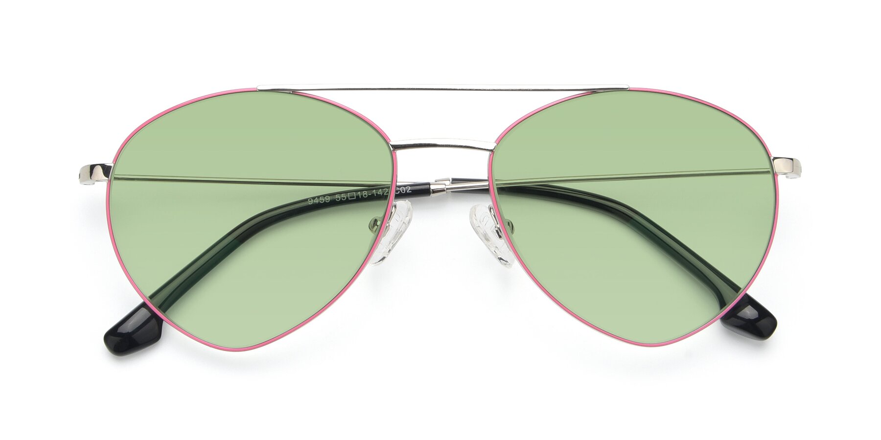 Folded Front of 9459 in Silver-Pink with Medium Green Tinted Lenses