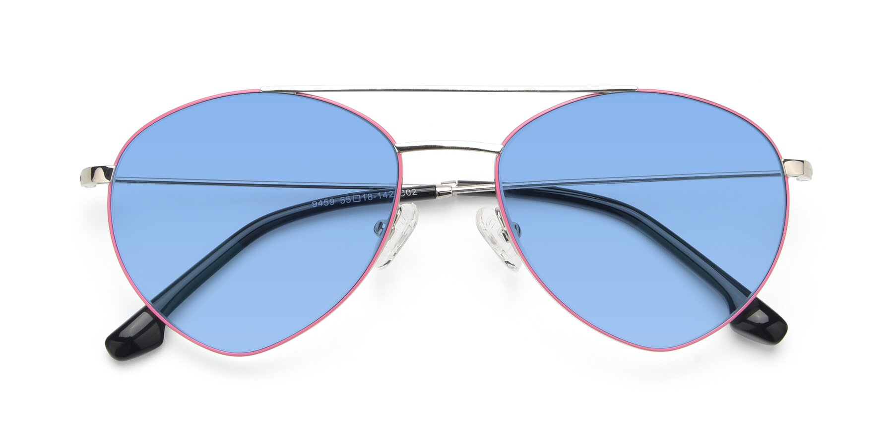 Folded Front of 9459 in Silver-Pink with Medium Blue Tinted Lenses