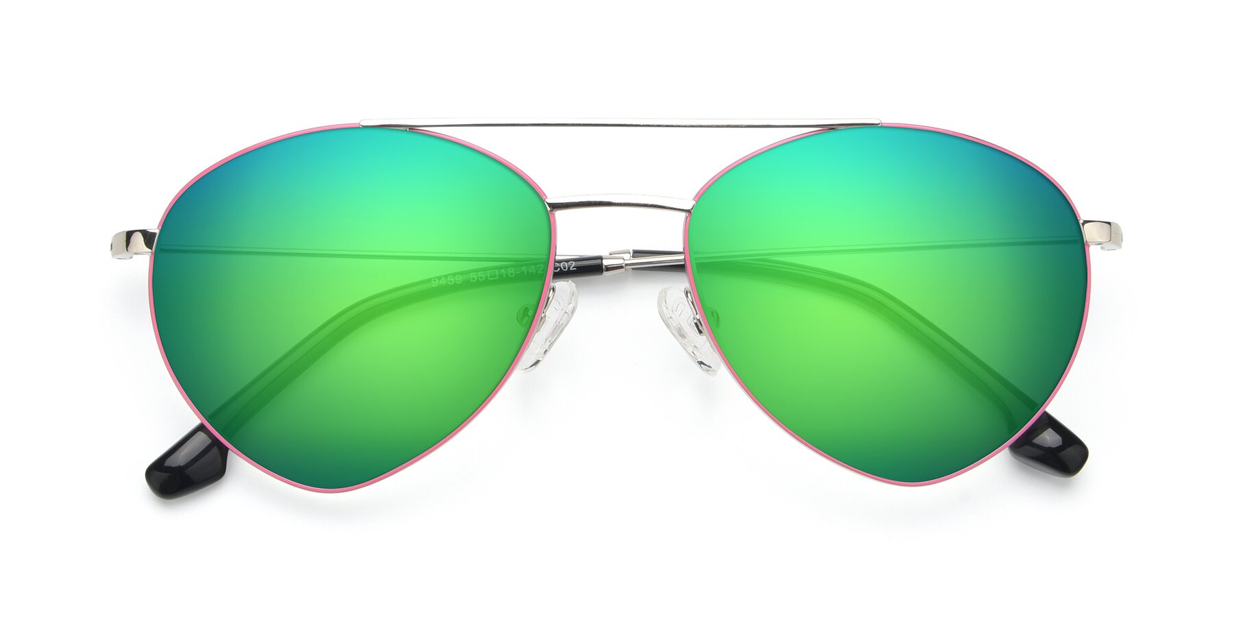 Folded Front of 9459 in Silver-Pink with Green Mirrored Lenses