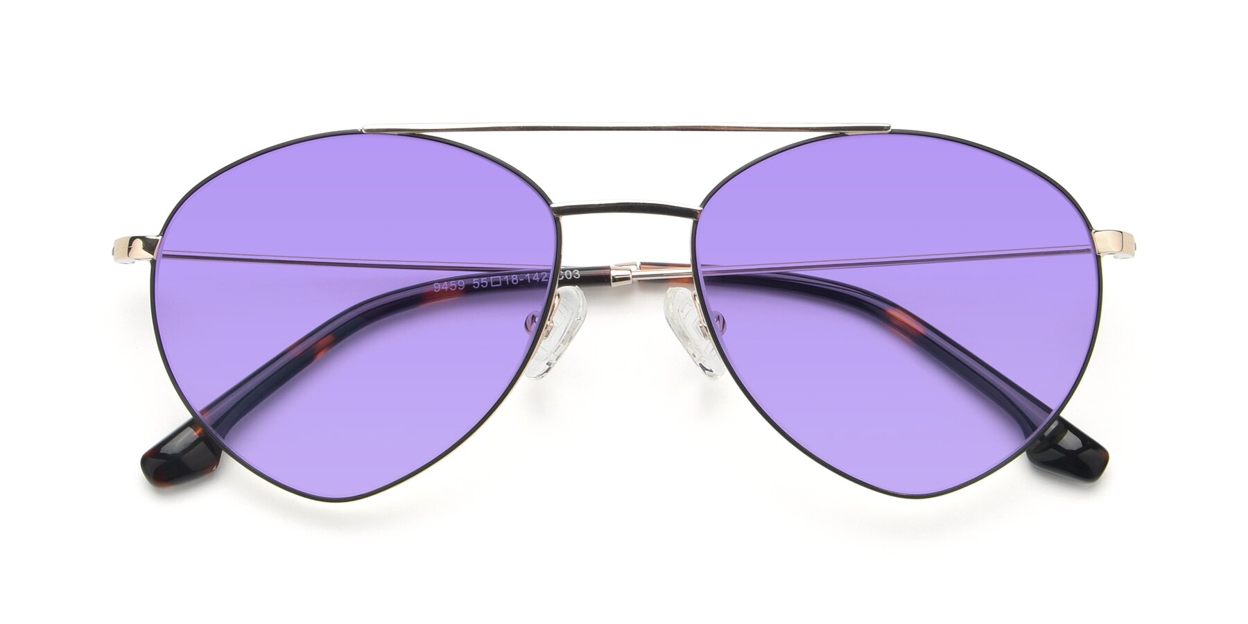 Folded Front of 9459 in Gold-Black with Medium Purple Tinted Lenses