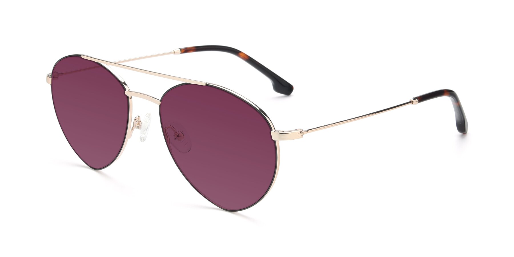 Angle of 9459 in Gold-Black with Wine Tinted Lenses