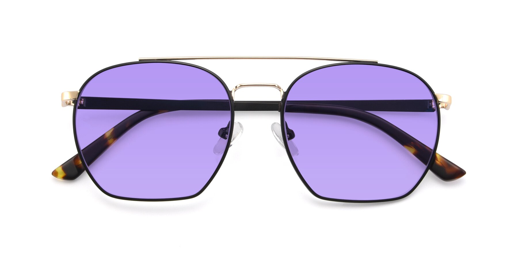Folded Front of 9425 in Black-Gold with Medium Purple Tinted Lenses