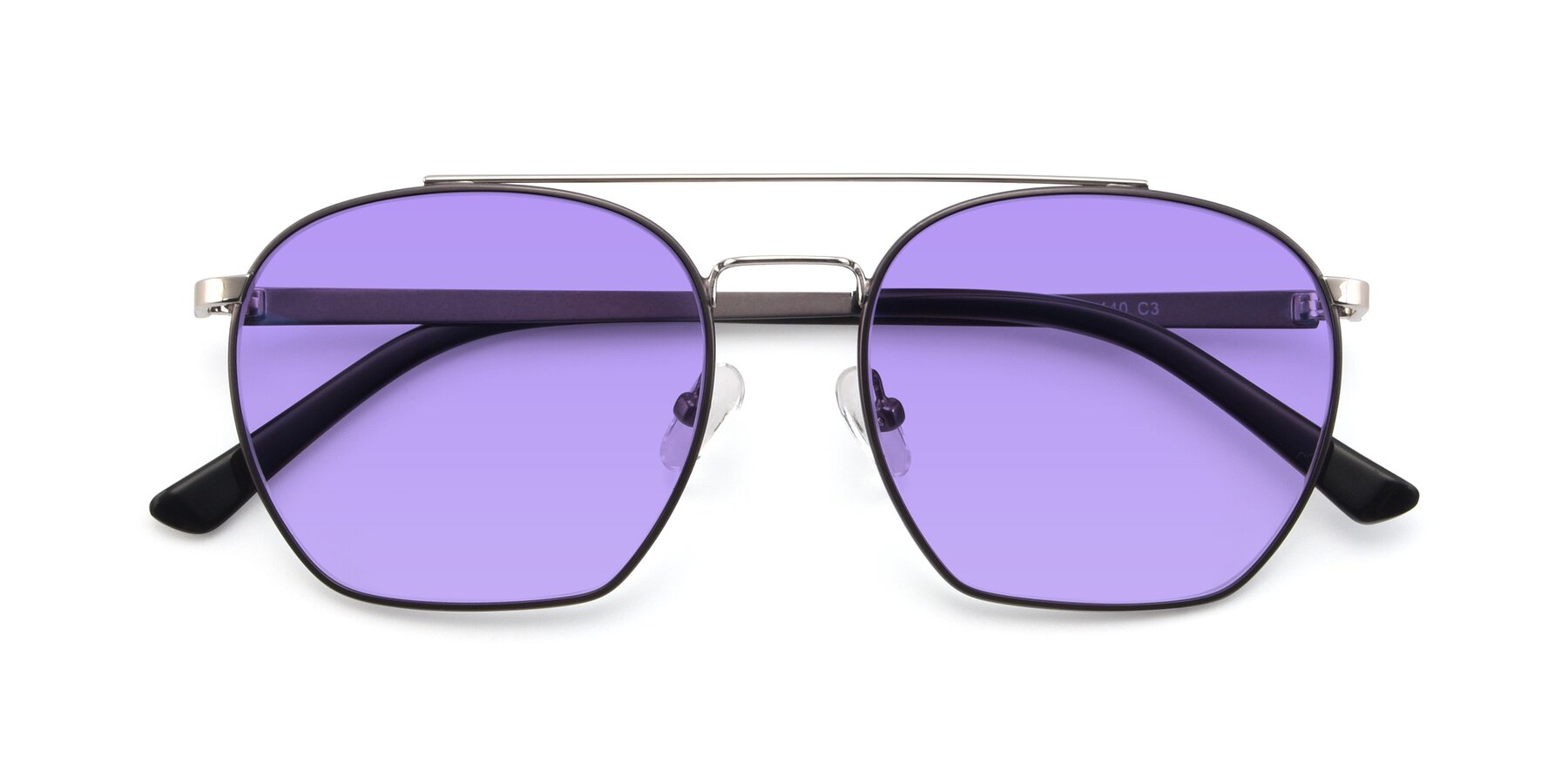 Folded Front of 9425 in Black-Silver with Medium Purple Tinted Lenses