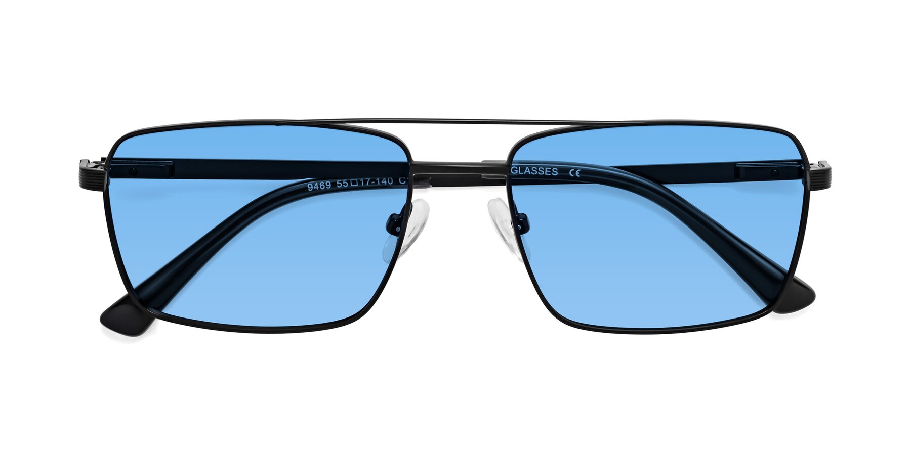 Folded Front of Beckum in Black with Medium Blue Tinted Lenses