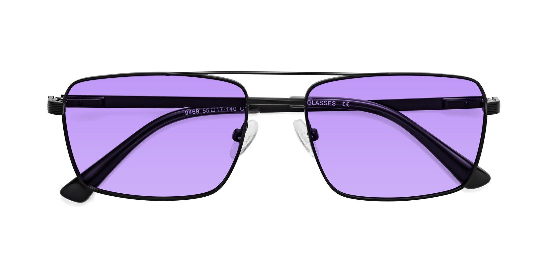 Folded Front of Beckum in Black with Medium Purple Tinted Lenses