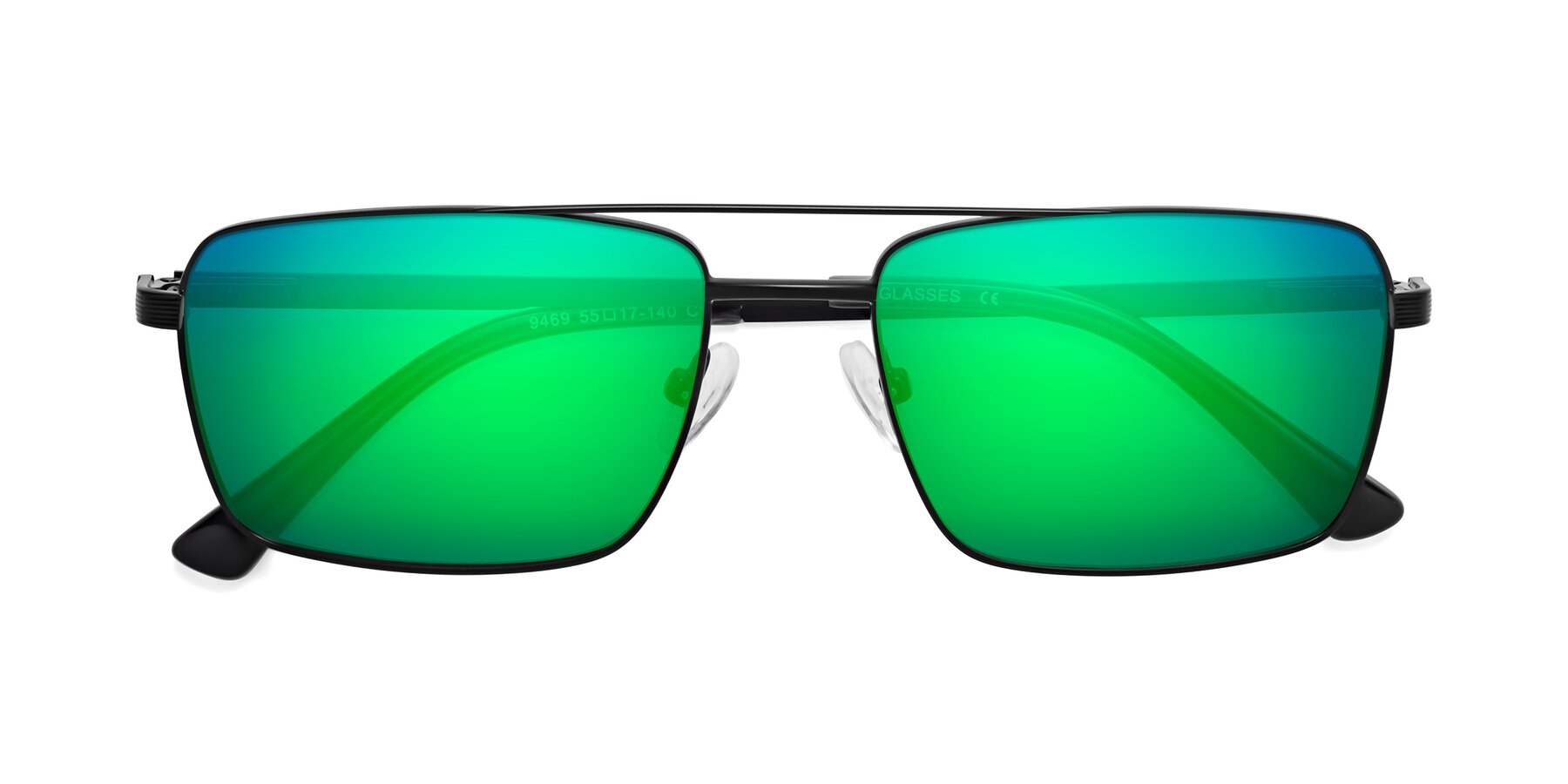 Black Classic Metal Rectangle Mirrored Sunglasses with Green Sunwear Lenses