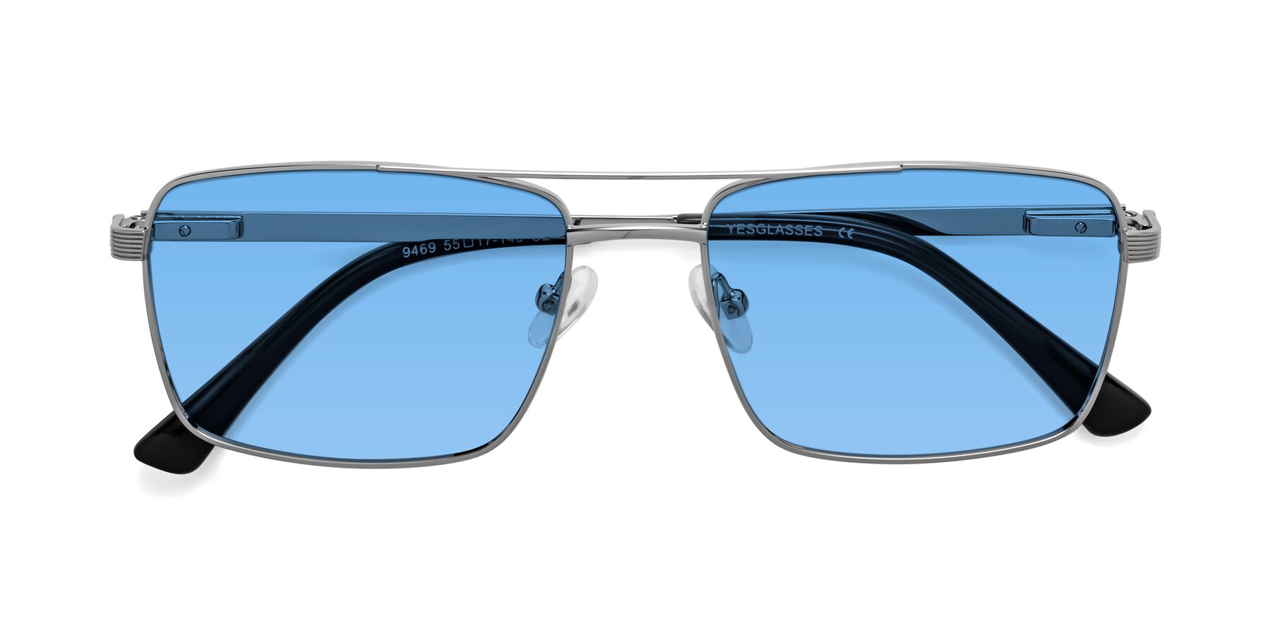 Folded Front of Beckum in Silver with Medium Blue Tinted Lenses