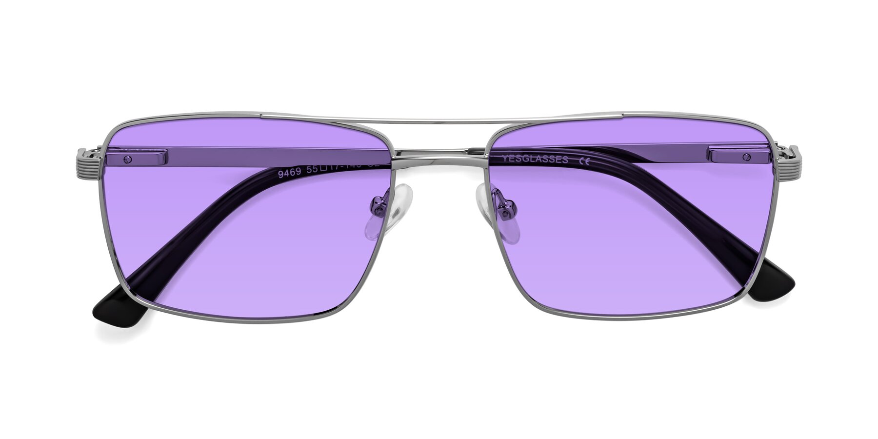 Folded Front of Beckum in Silver with Medium Purple Tinted Lenses