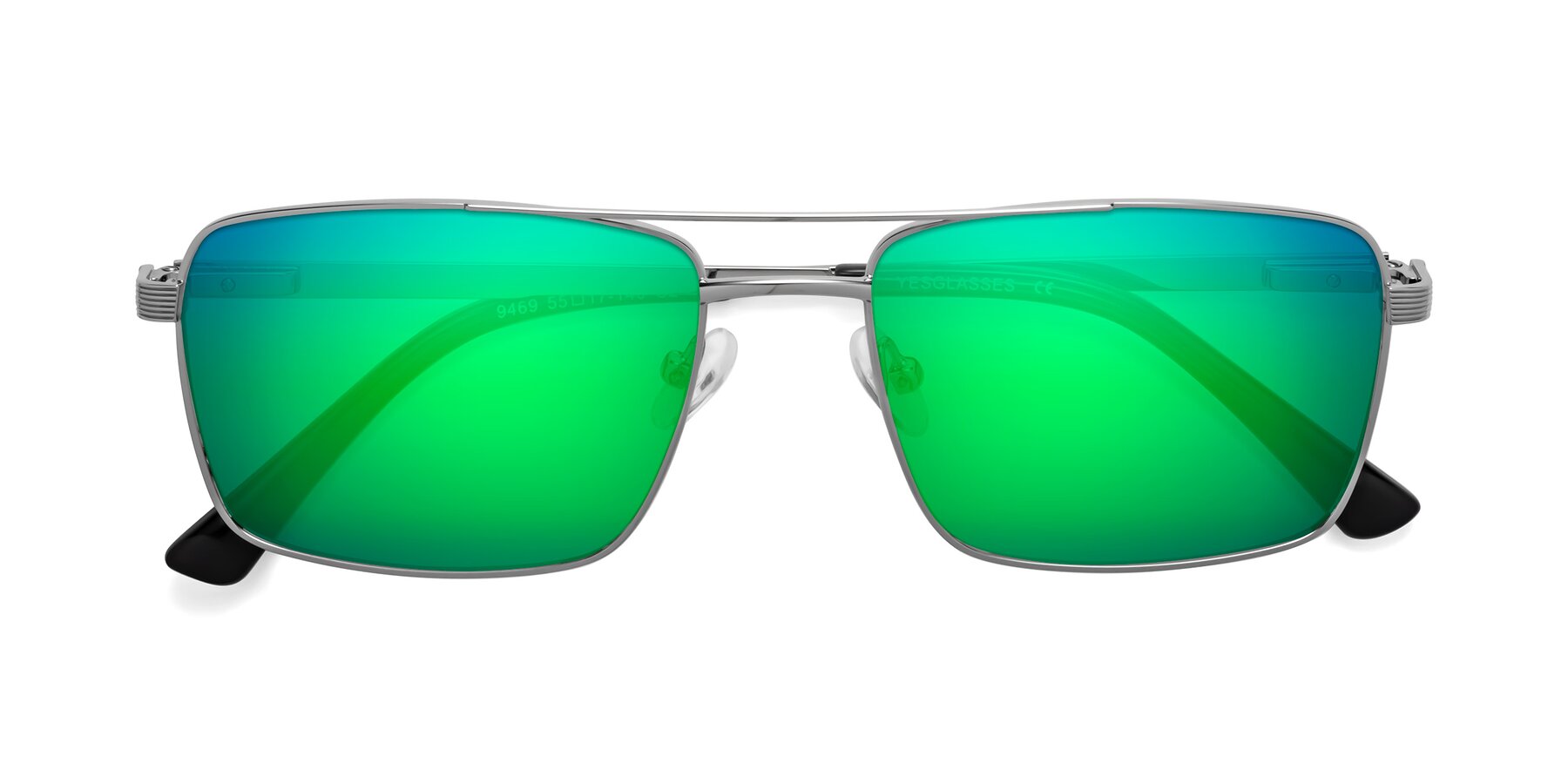 Folded Front of Beckum in Silver with Green Mirrored Lenses