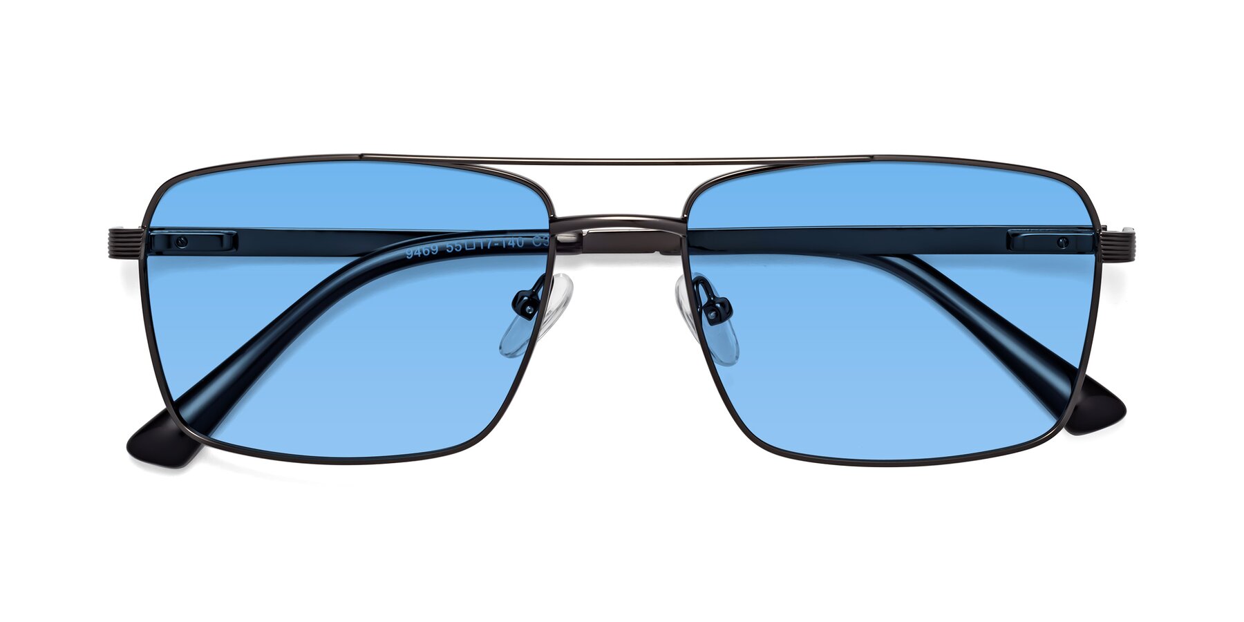 Folded Front of Beckum in Gunmetal with Medium Blue Tinted Lenses