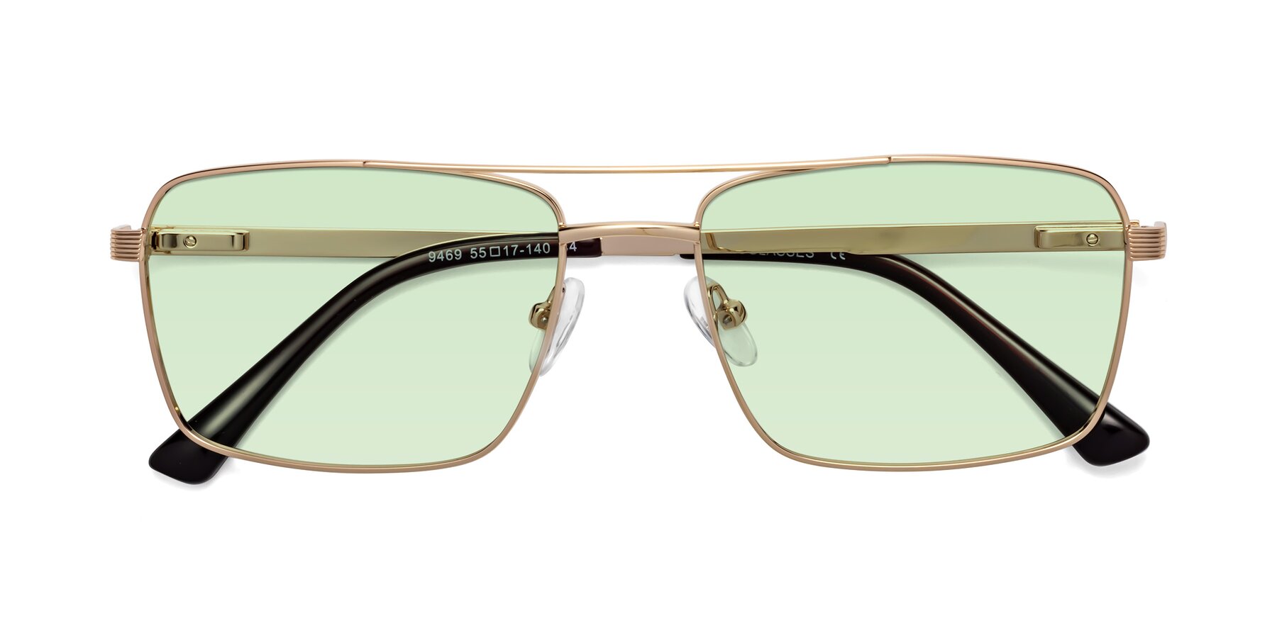 Folded Front of Beckum in Gold with Light Green Tinted Lenses
