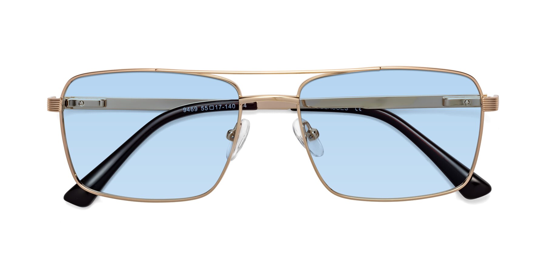 Folded Front of Beckum in Gold with Light Blue Tinted Lenses