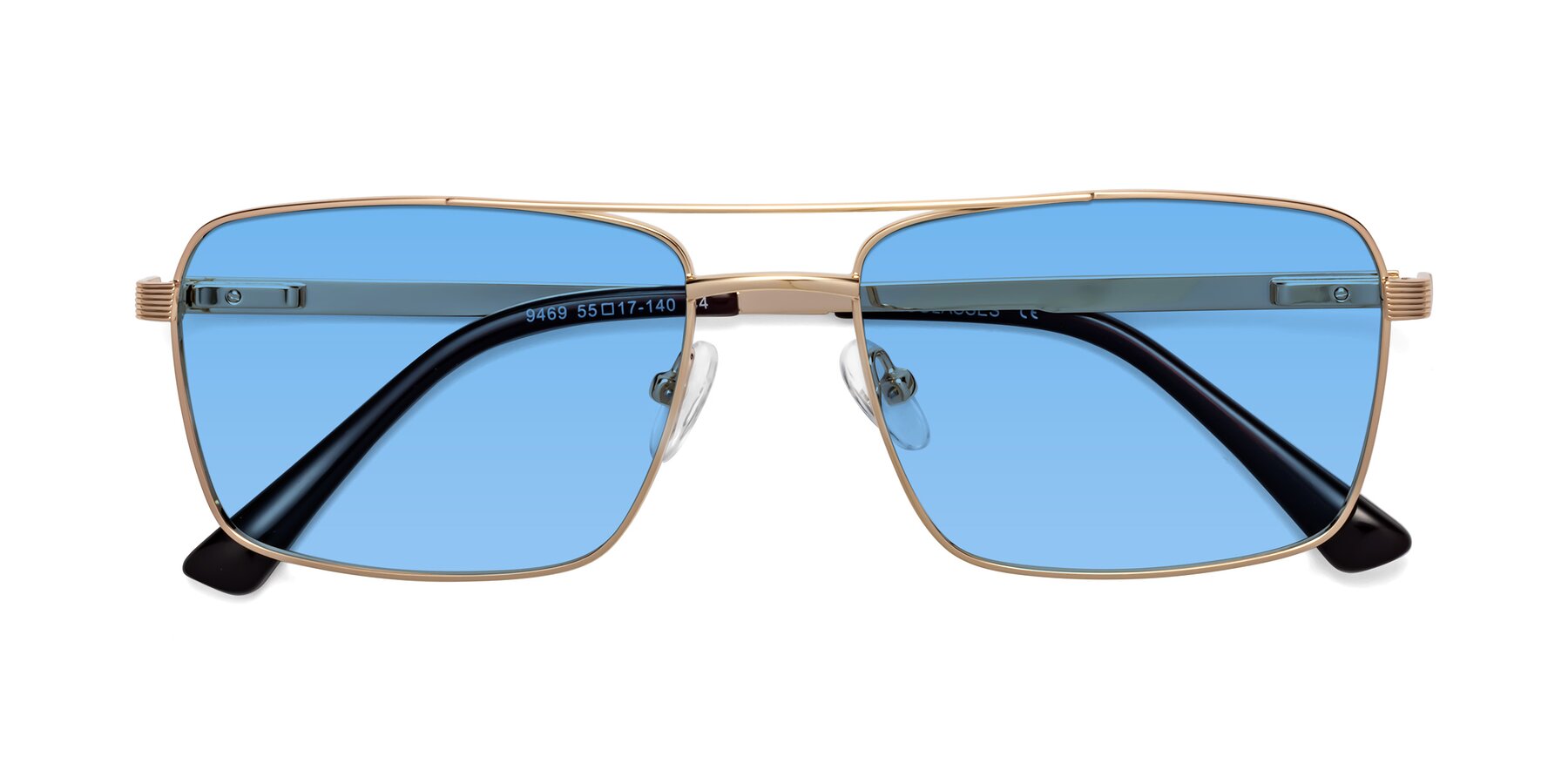 Folded Front of Beckum in Gold with Medium Blue Tinted Lenses