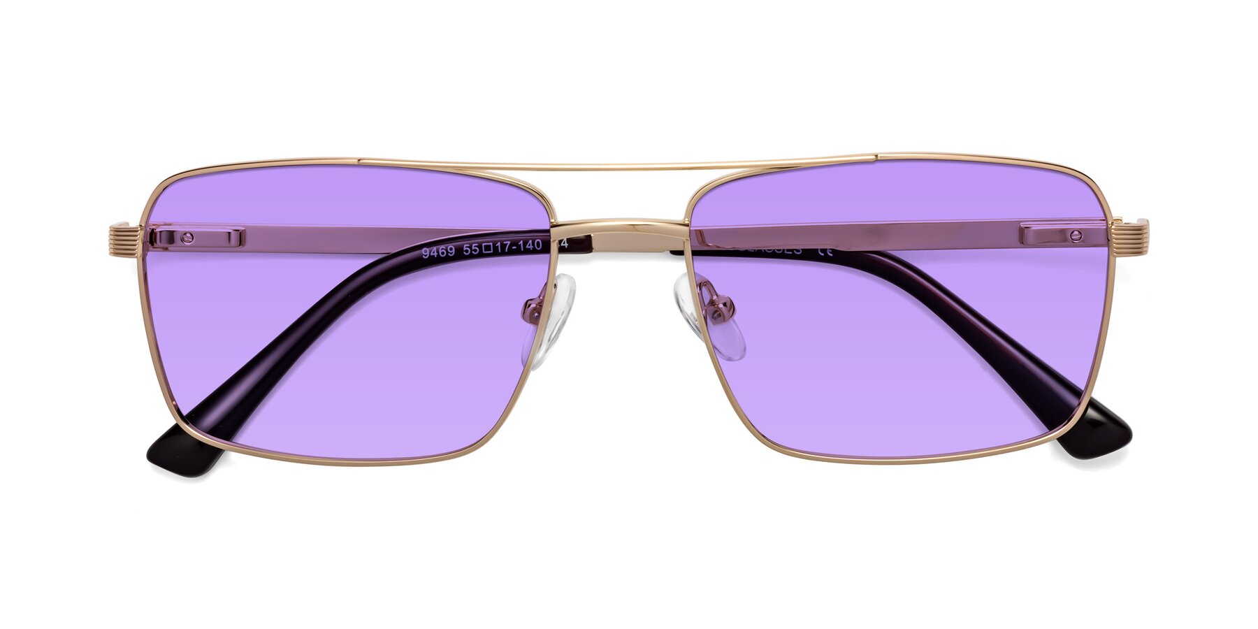 Folded Front of Beckum in Gold with Medium Purple Tinted Lenses