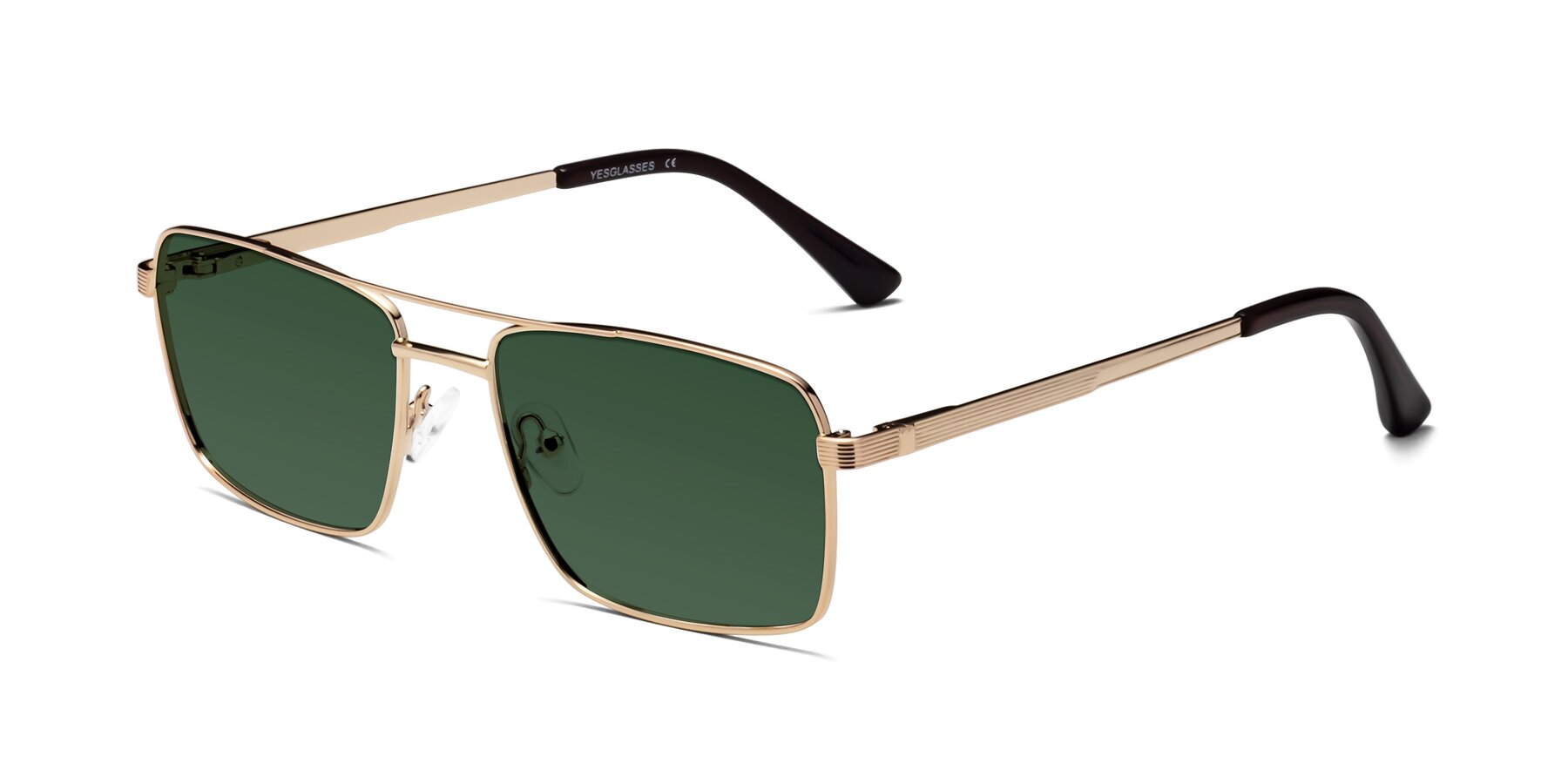 Gold Classic Metal Rectangle Tinted Sunglasses with Green Sunwear Lenses