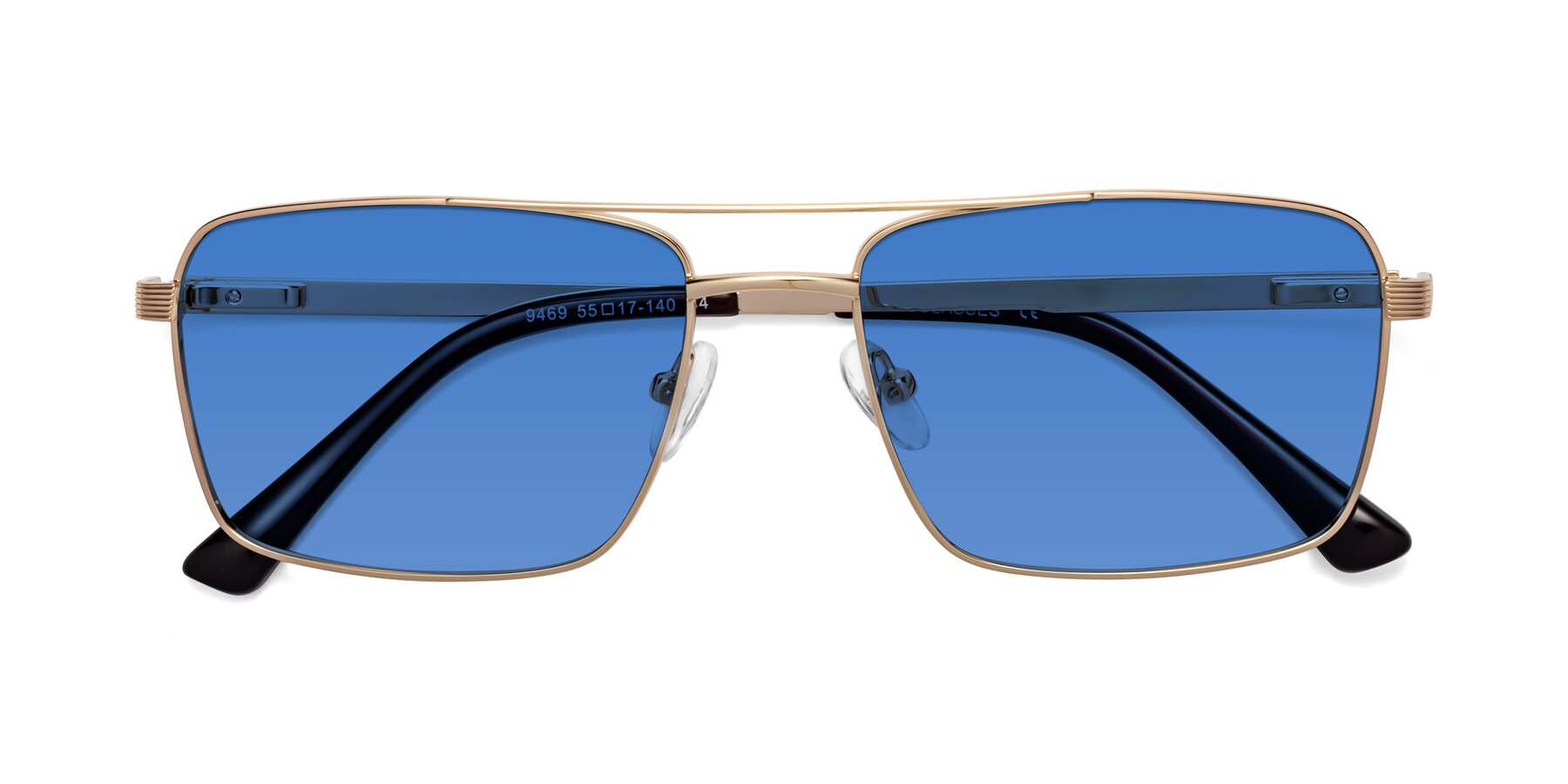 Folded Front of Beckum in Gold with Blue Tinted Lenses