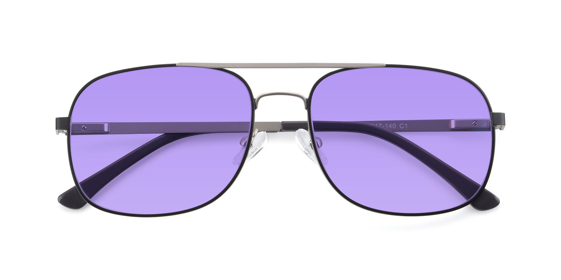 Folded Front of 9487 in Black-Silver with Medium Purple Tinted Lenses