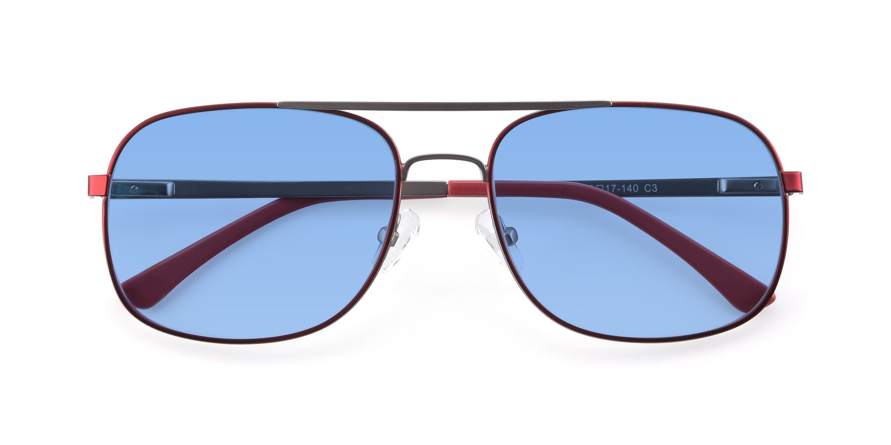 Folded Front of 9487 in Wine-Silver with Medium Blue Tinted Lenses