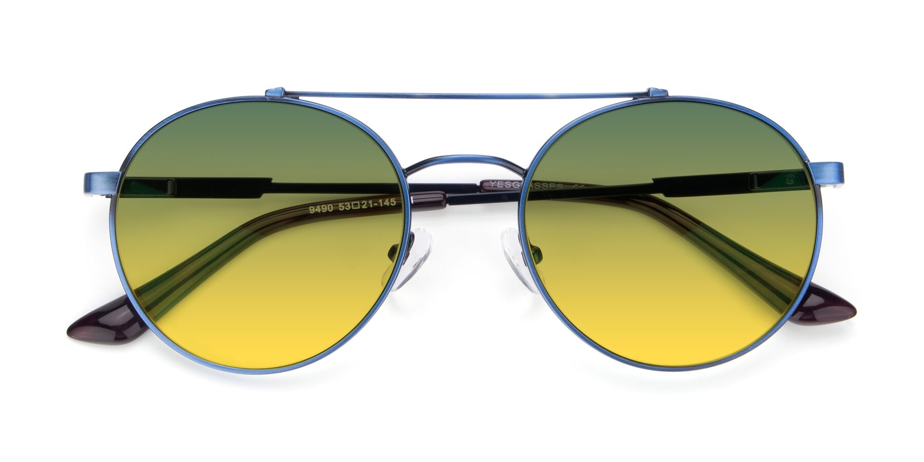 Folded Front of 9490 in Antique Blue with Green / Yellow Gradient Lenses
