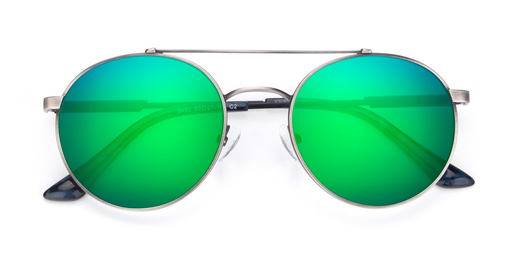 Folded Front of 9490 in Antique Gunmetal with Green Mirrored Lenses