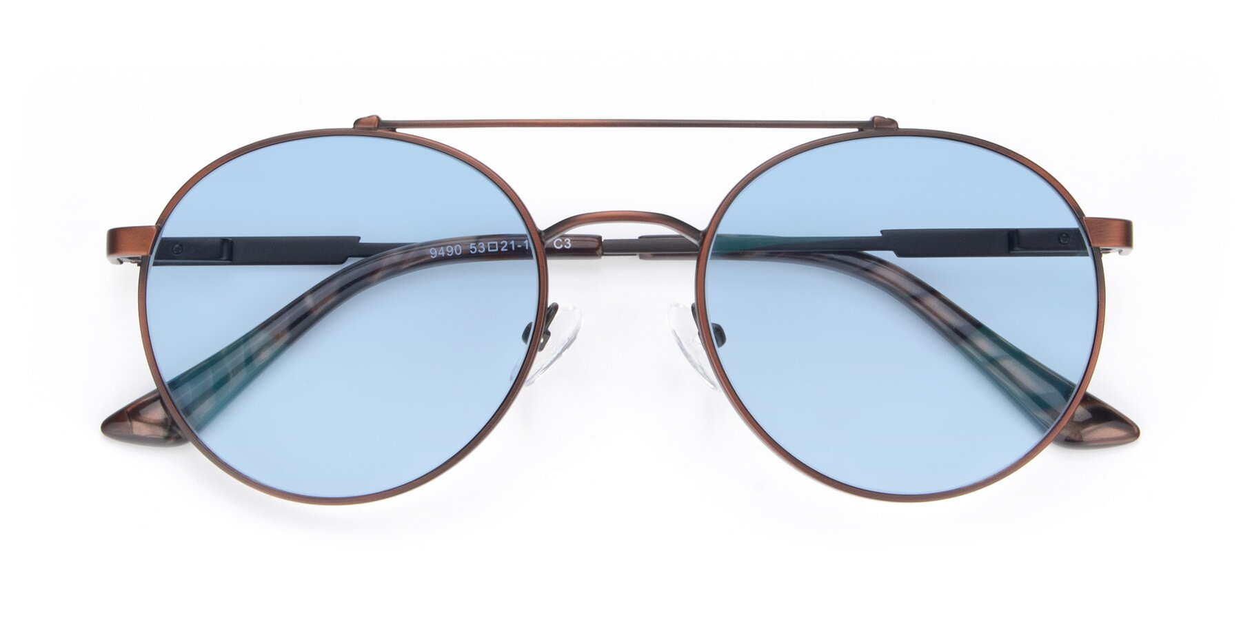 Folded Front of 9490 in Antique Brown with Light Blue Tinted Lenses