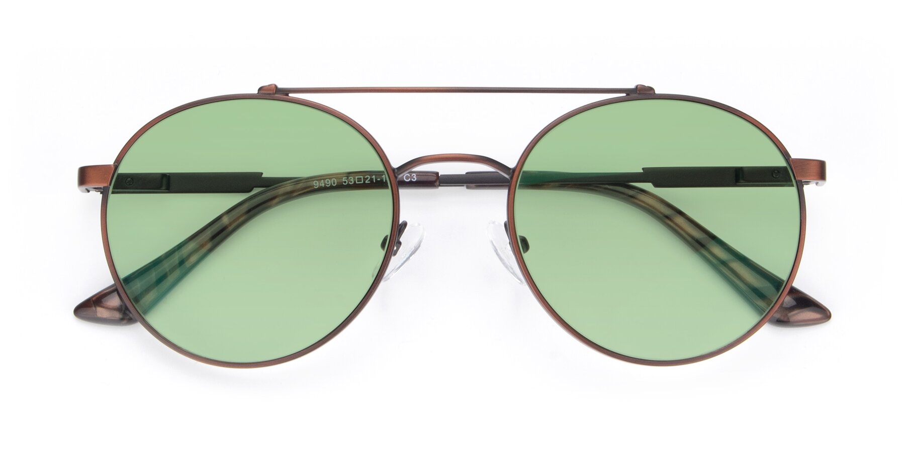 Folded Front of 9490 in Antique Brown with Medium Green Tinted Lenses