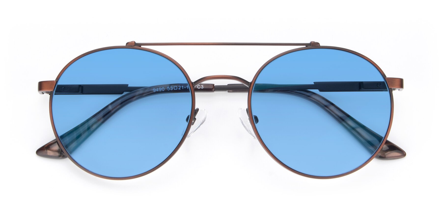 Folded Front of 9490 in Antique Brown with Medium Blue Tinted Lenses