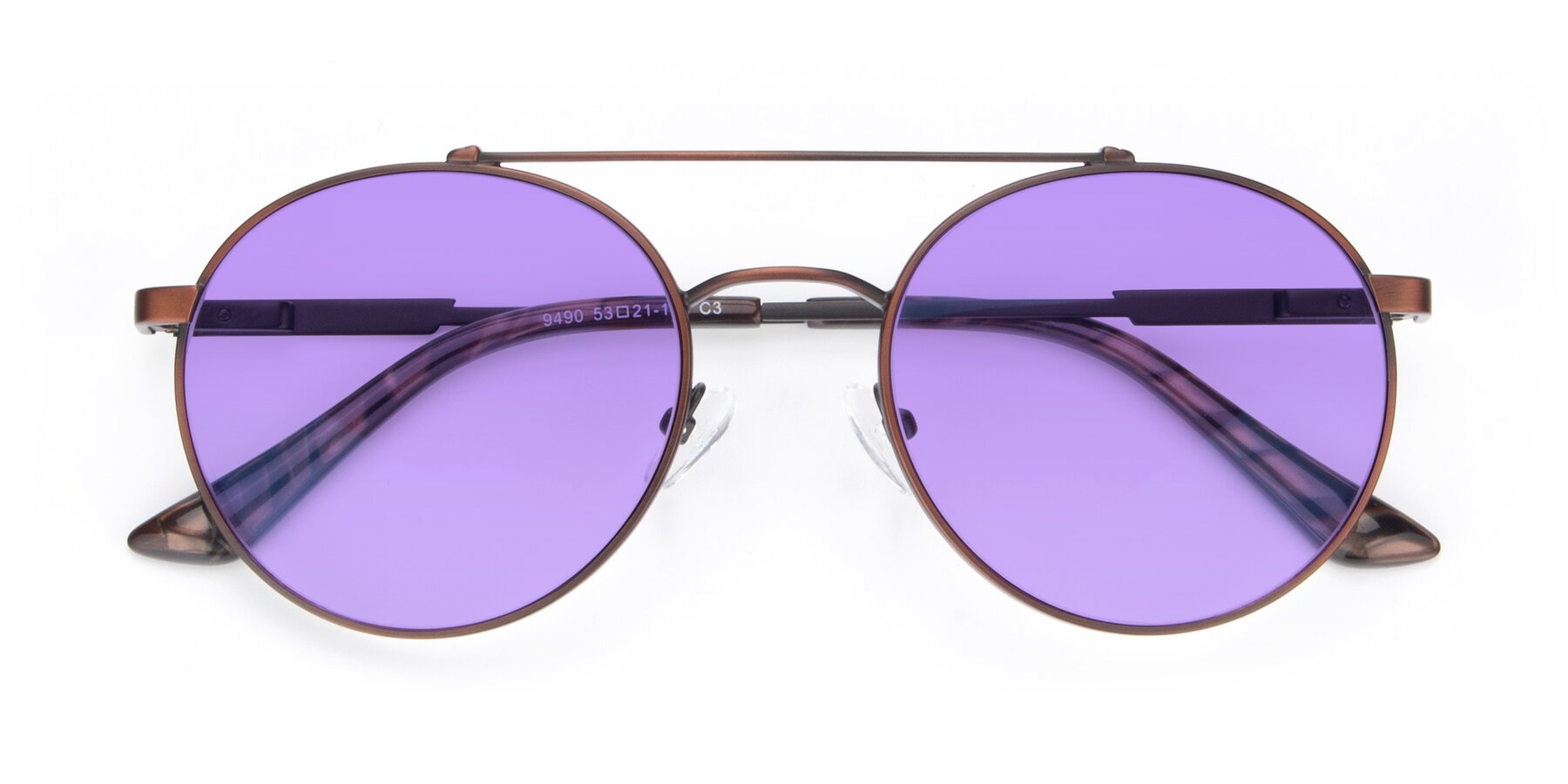 Folded Front of 9490 in Antique Brown with Medium Purple Tinted Lenses