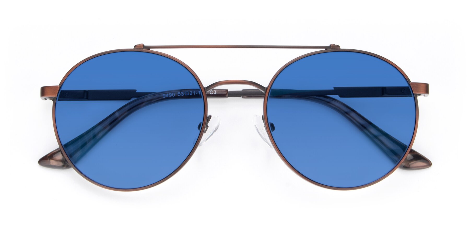 Folded Front of 9490 in Antique Brown with Blue Tinted Lenses