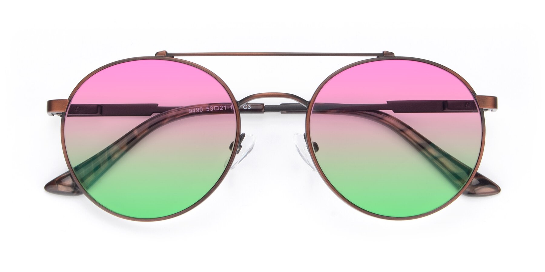 Folded Front of 9490 in Antique Brown with Pink / Green Gradient Lenses