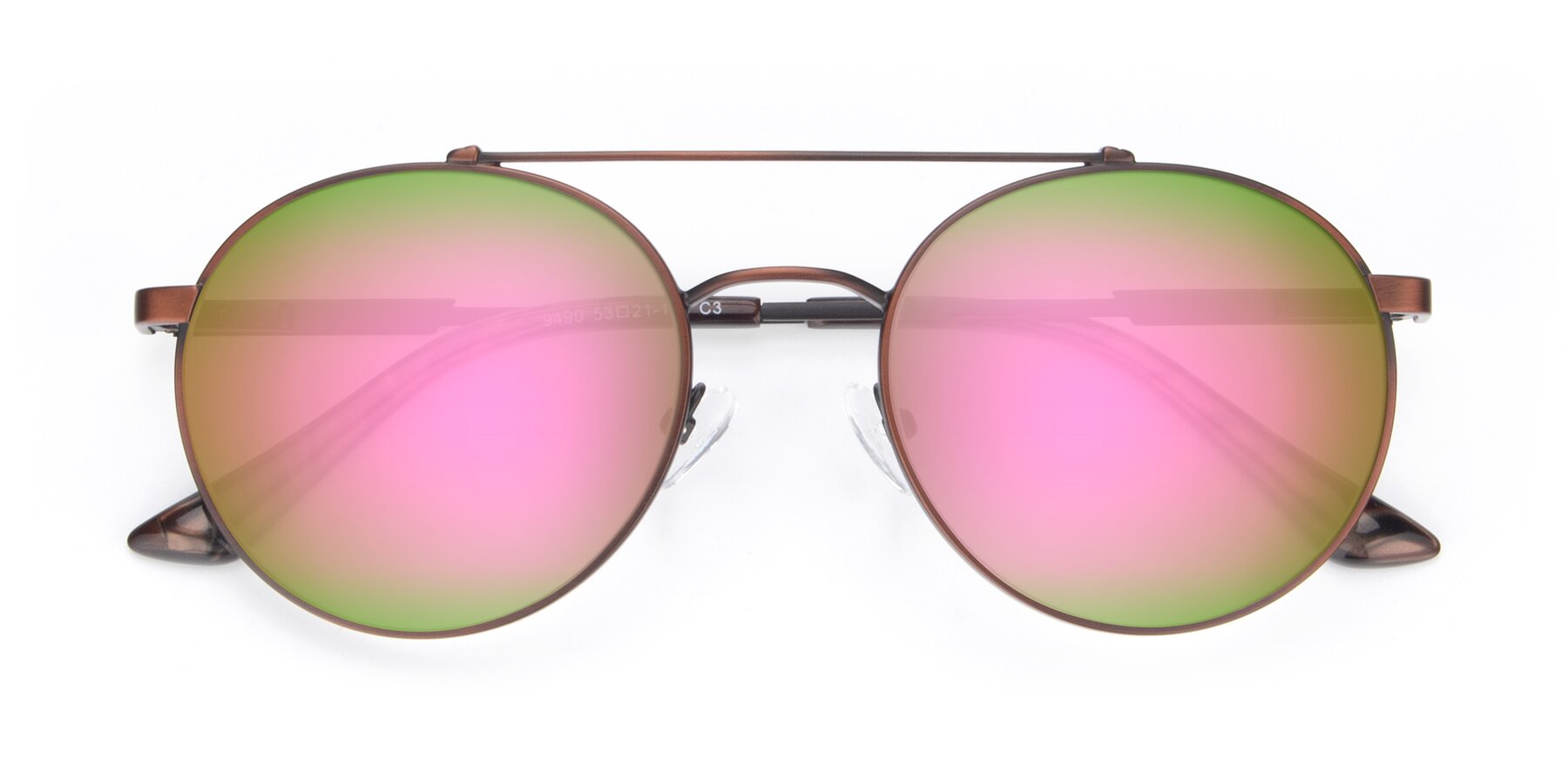 Folded Front of 9490 in Antique Brown with Pink Mirrored Lenses