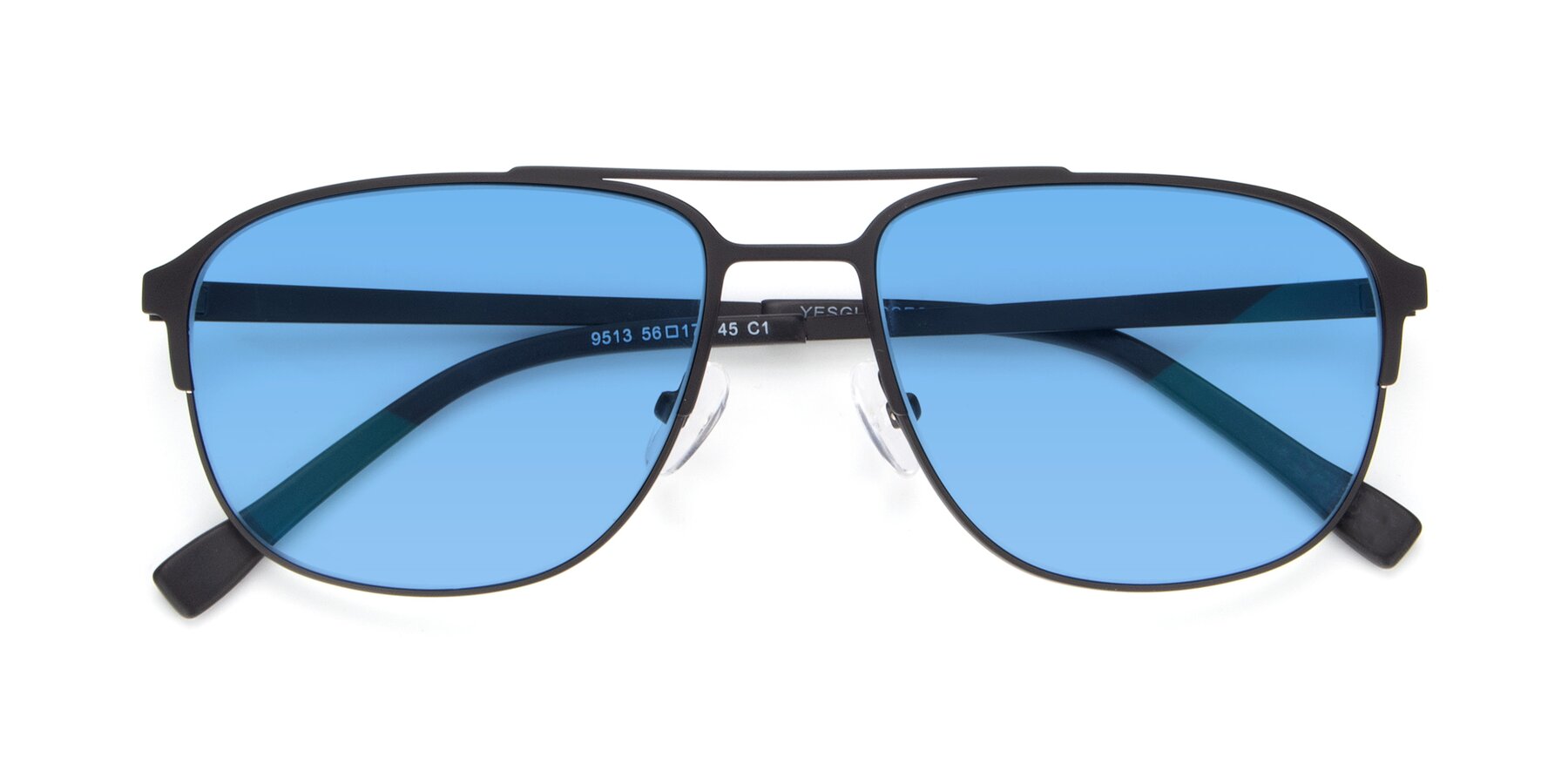 Folded Front of 9513 in Antique Black with Medium Blue Tinted Lenses