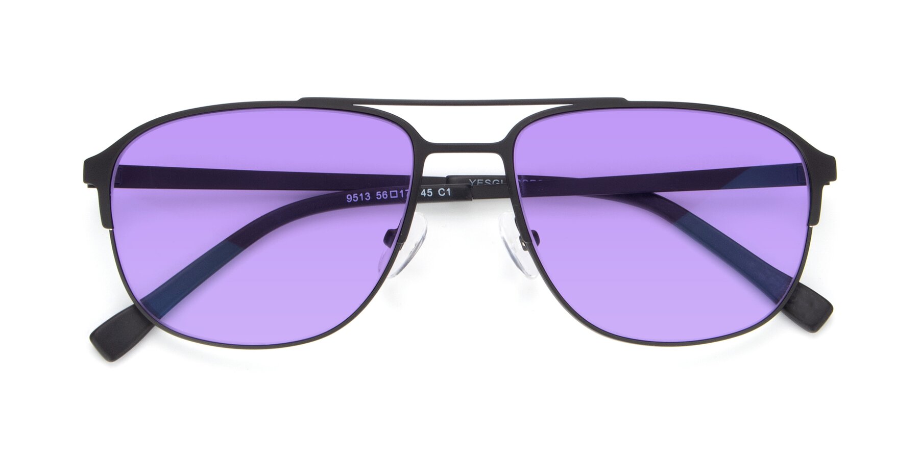 Folded Front of 9513 in Antique Black with Medium Purple Tinted Lenses