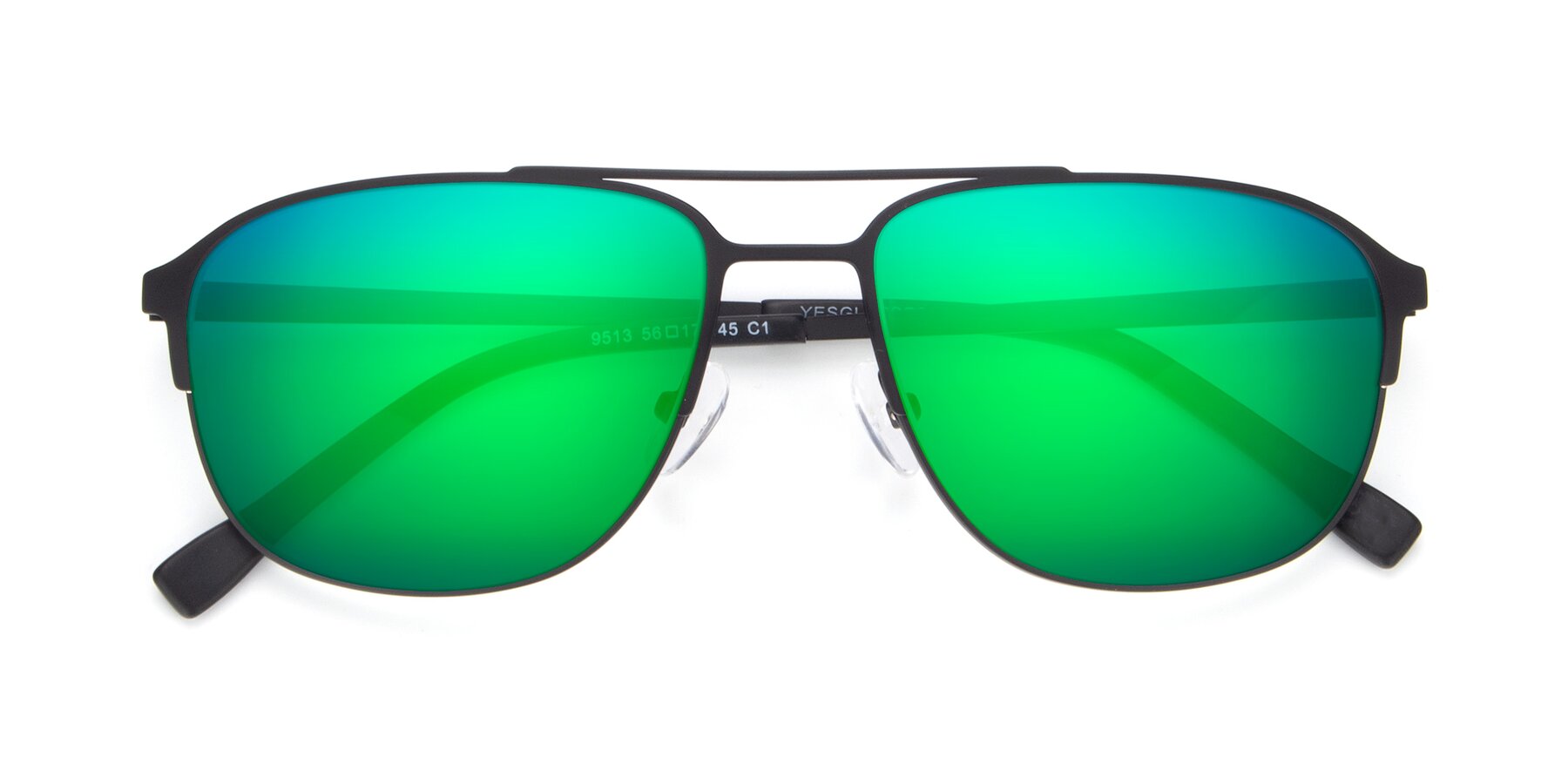 Folded Front of 9513 in Antique Black with Green Mirrored Lenses