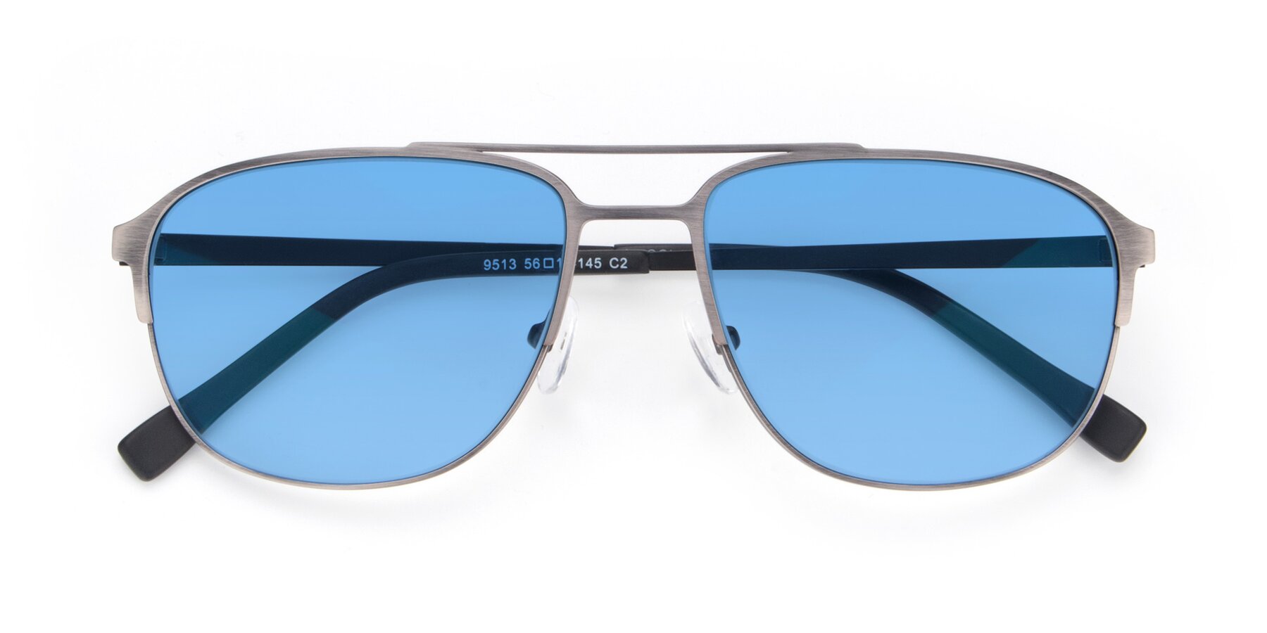 Folded Front of 9513 in Antique Silver with Medium Blue Tinted Lenses