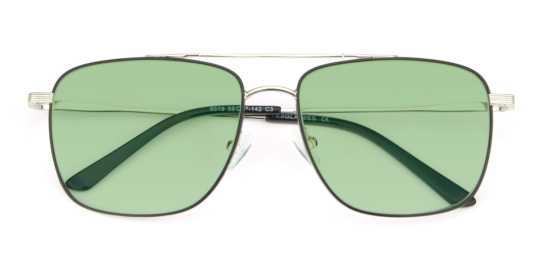 Folded Front of 9519 in Black-Silver with Medium Green Tinted Lenses