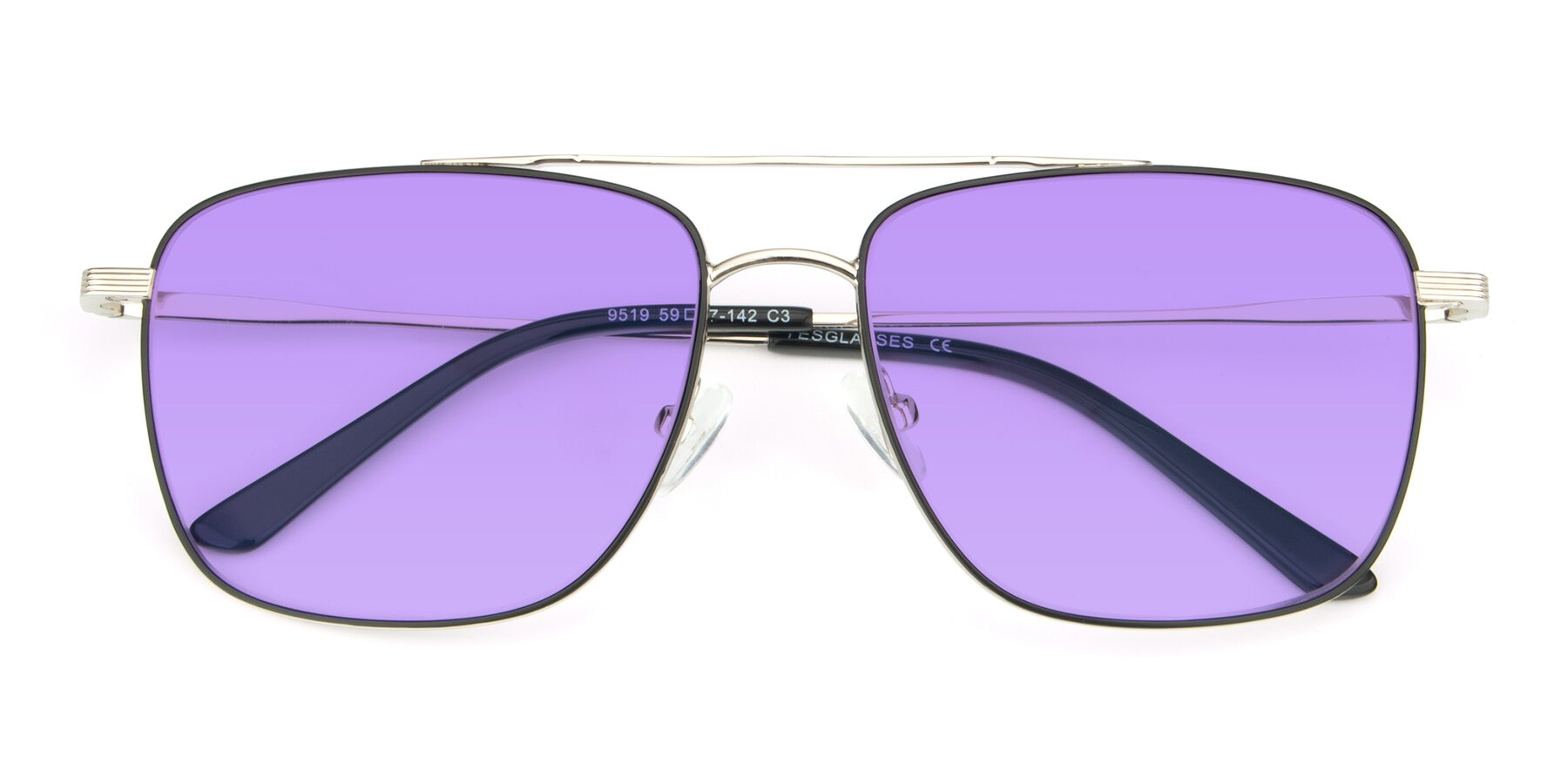 Folded Front of 9519 in Black-Silver with Medium Purple Tinted Lenses