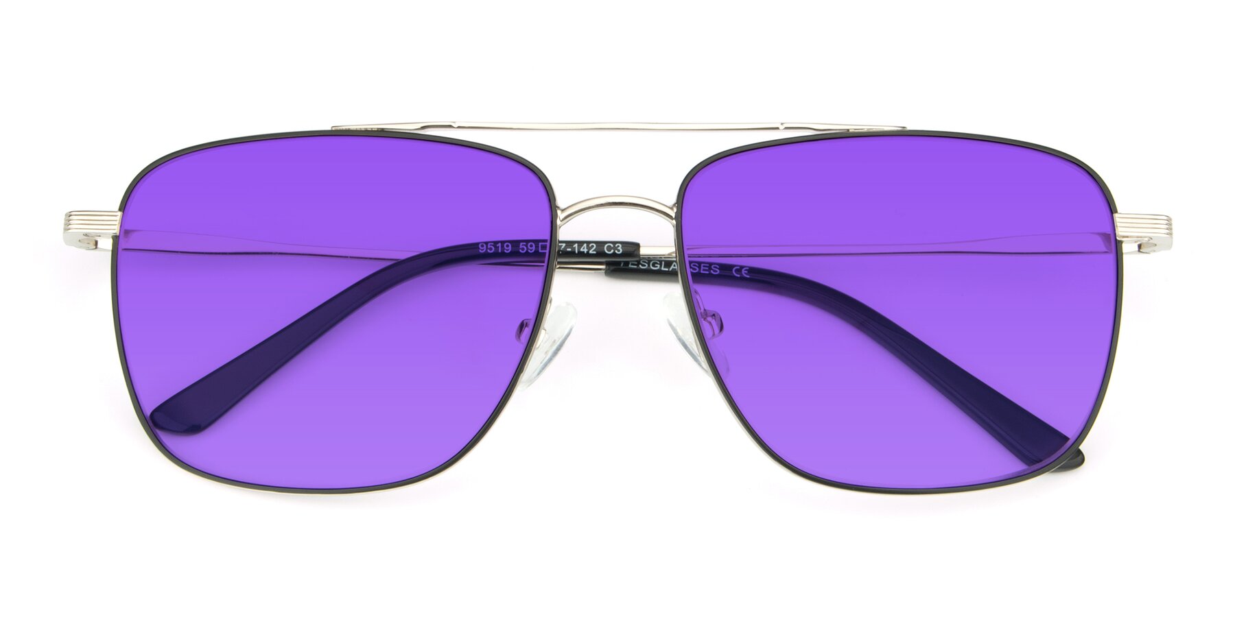 Folded Front of 9519 in Black-Silver with Purple Tinted Lenses