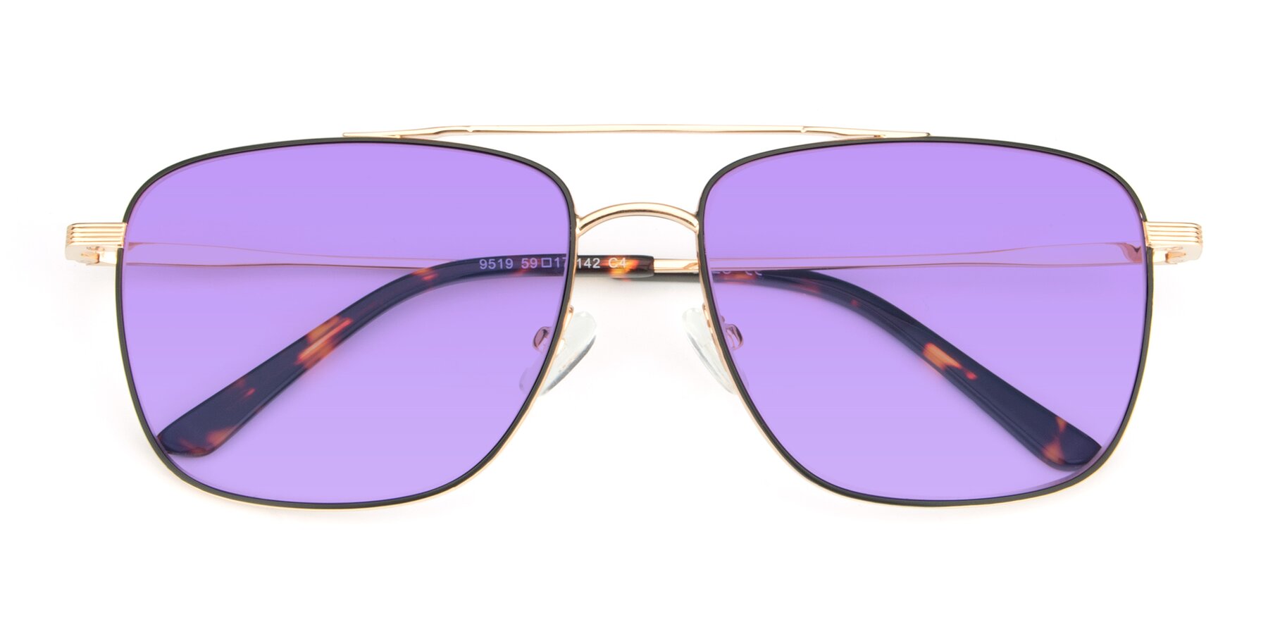 Folded Front of 9519 in Black-Gold with Medium Purple Tinted Lenses