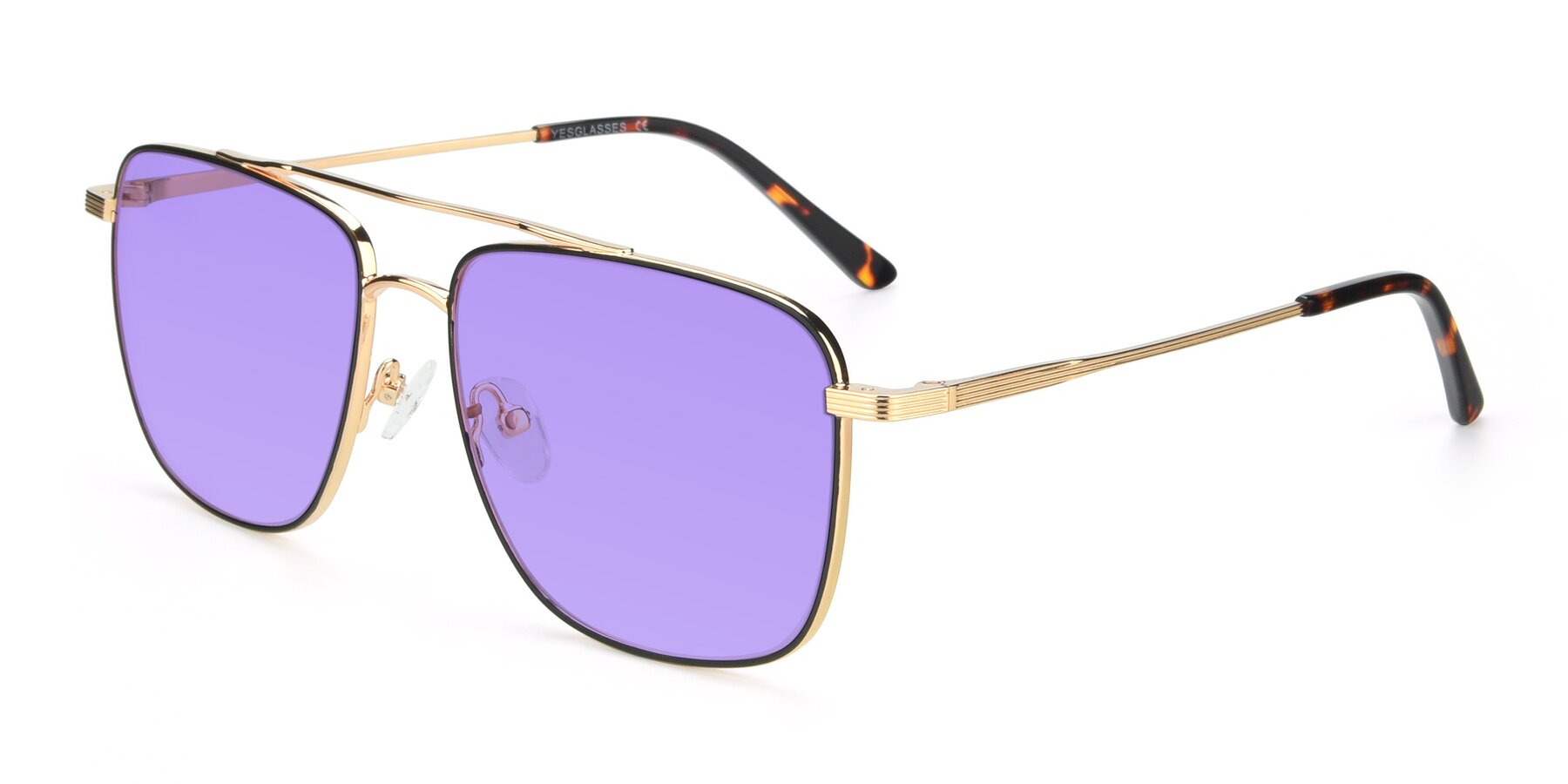Angle of 9519 in Black-Gold with Medium Purple Tinted Lenses