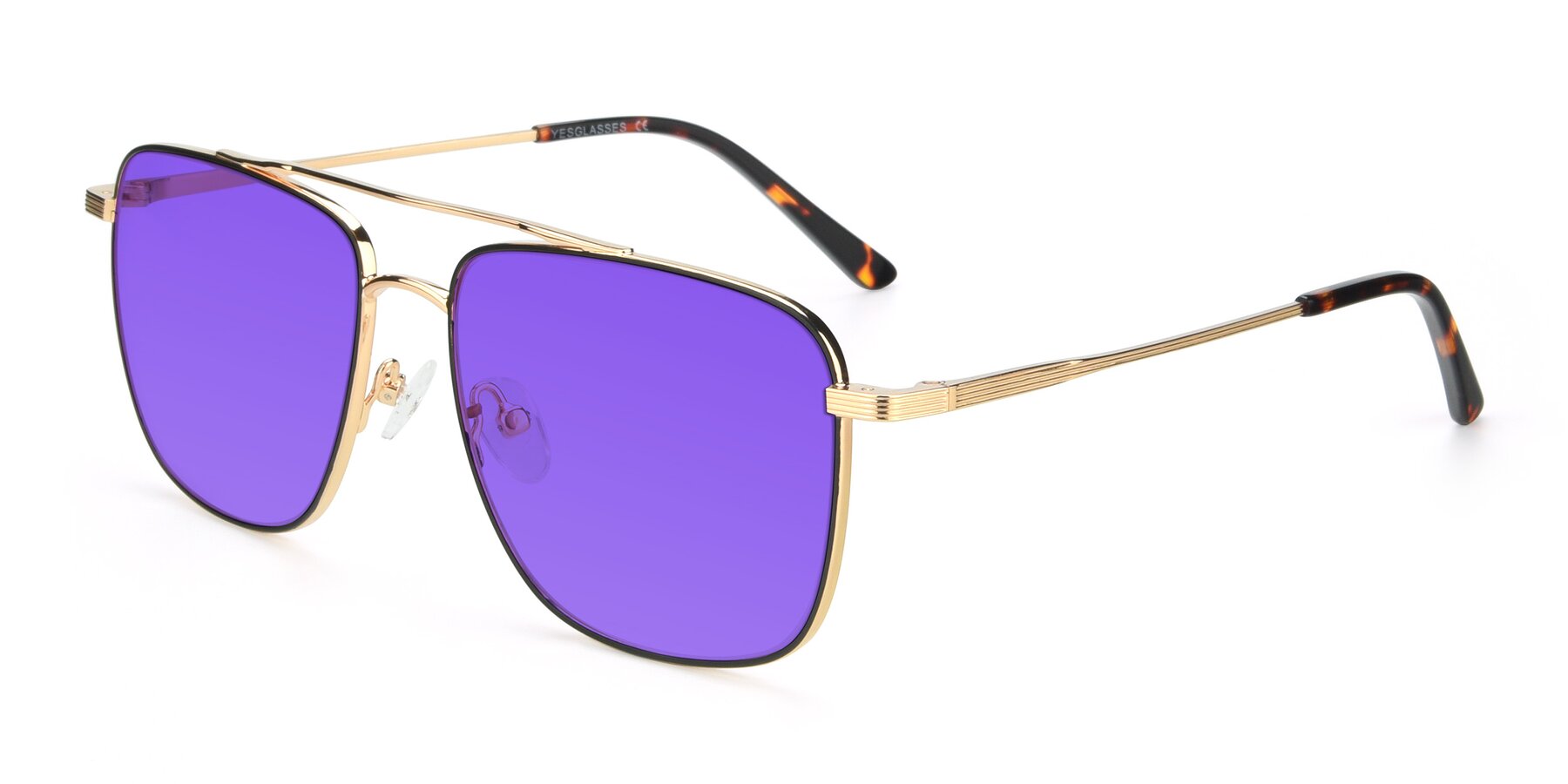 Angle of 9519 in Black-Gold with Purple Tinted Lenses