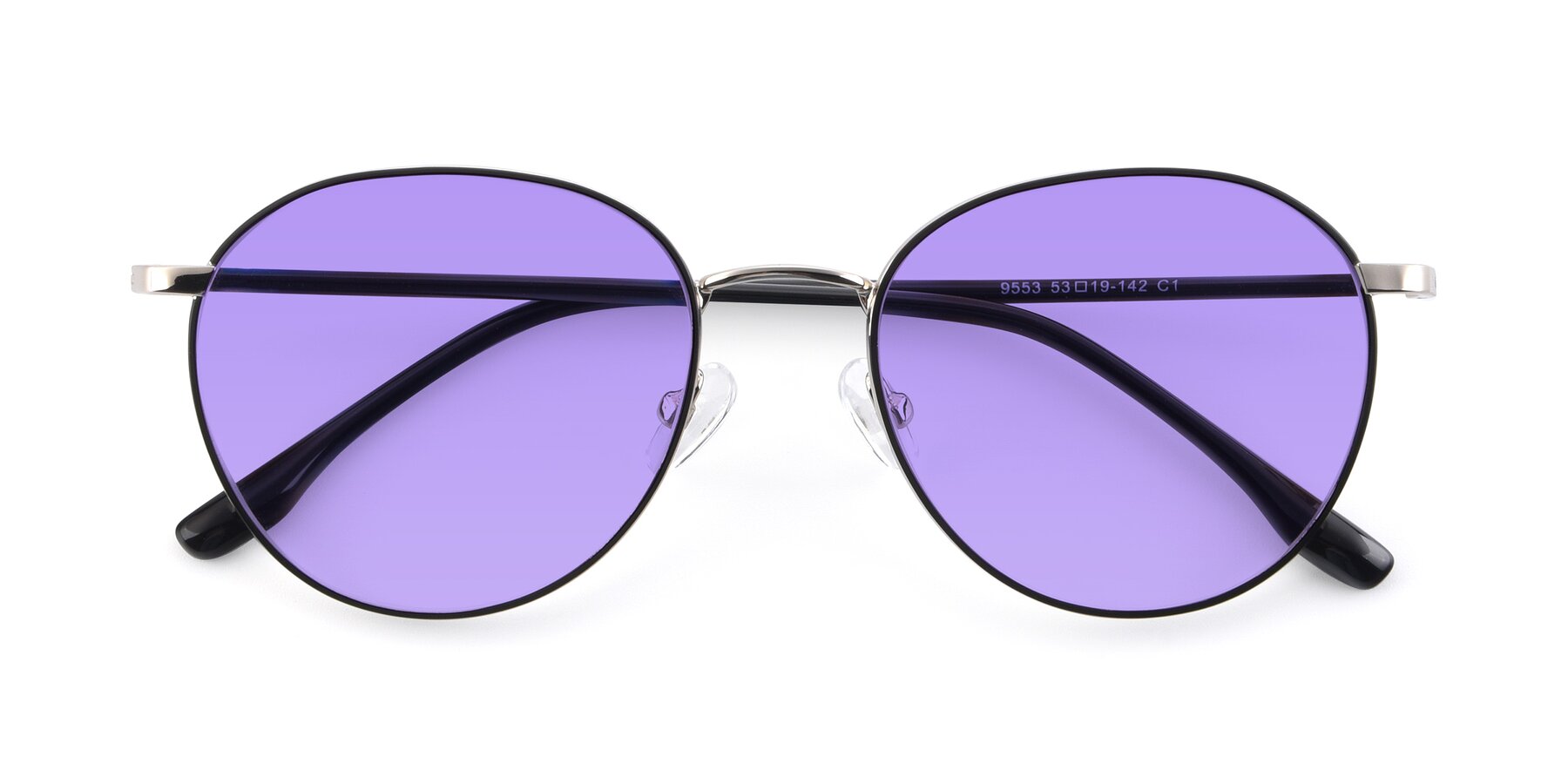 Folded Front of 9553 in Black-Silver with Medium Purple Tinted Lenses