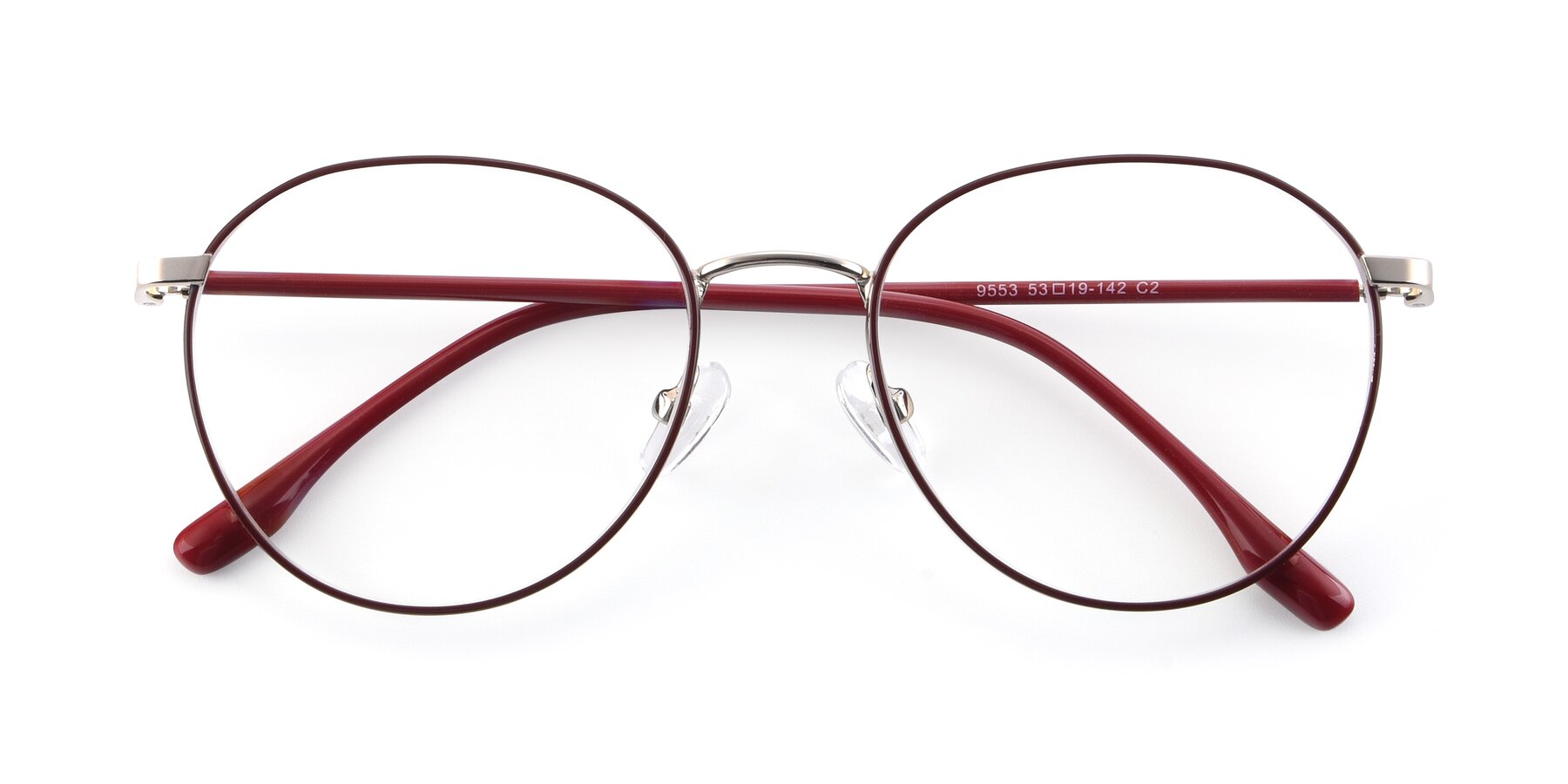 View of 9553 in Wine-Silver with Clear Reading Eyeglass Lenses