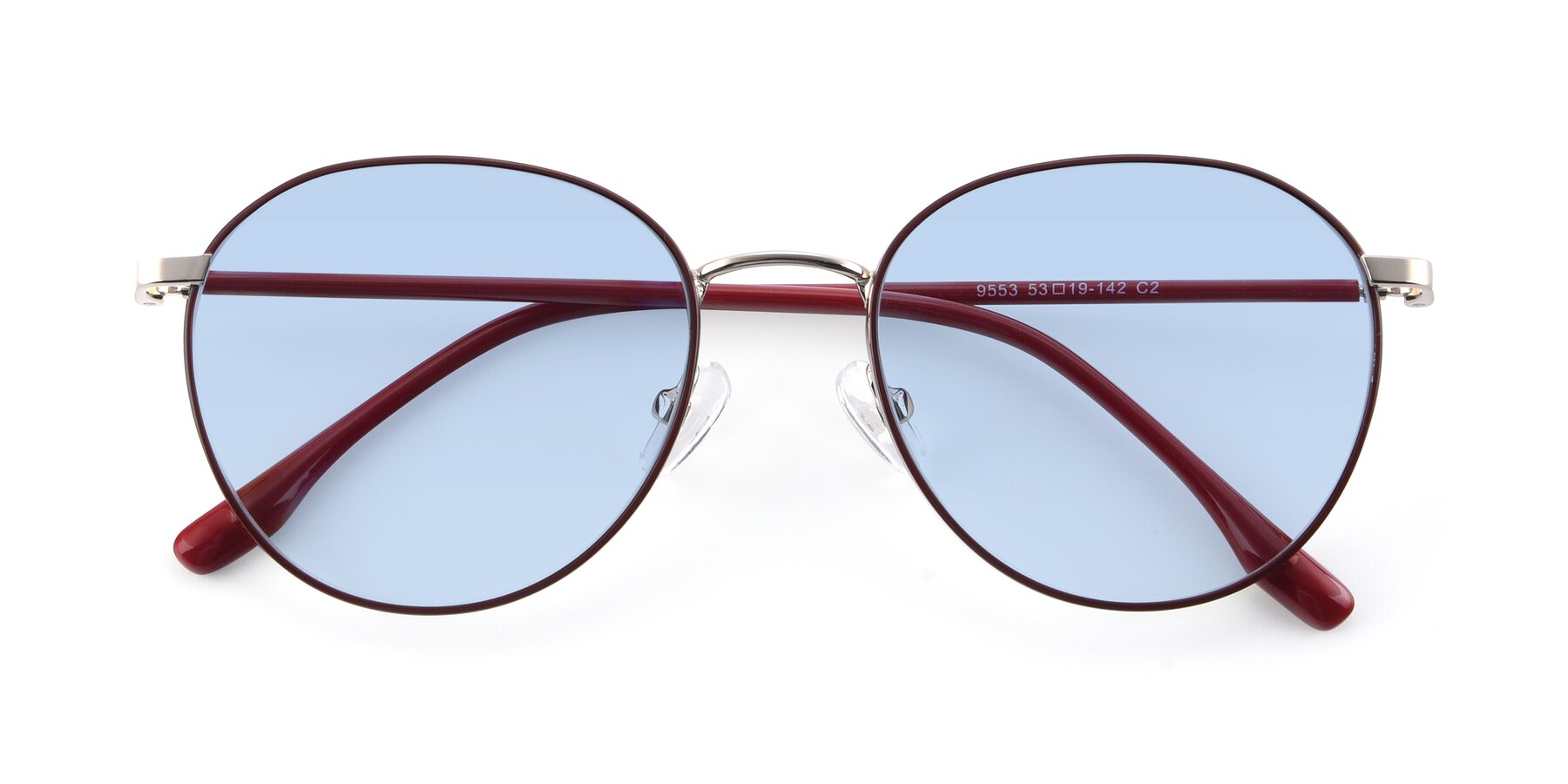 Folded Front of 9553 in Wine-Silver with Light Blue Tinted Lenses
