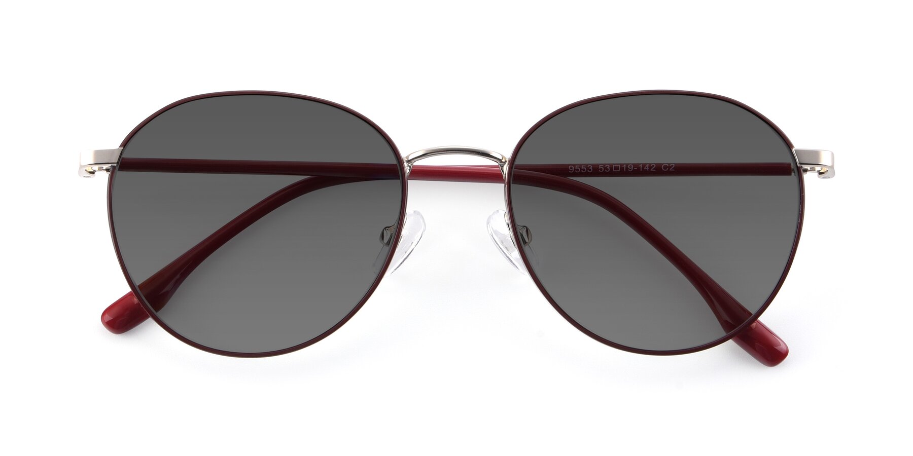 Folded Front of 9553 in Wine-Silver with Medium Gray Tinted Lenses