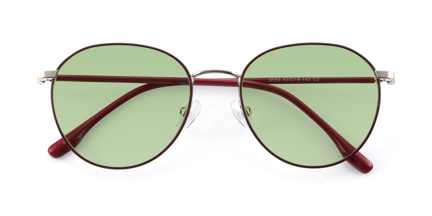 Folded Front of 9553 in Wine-Silver with Medium Green Tinted Lenses