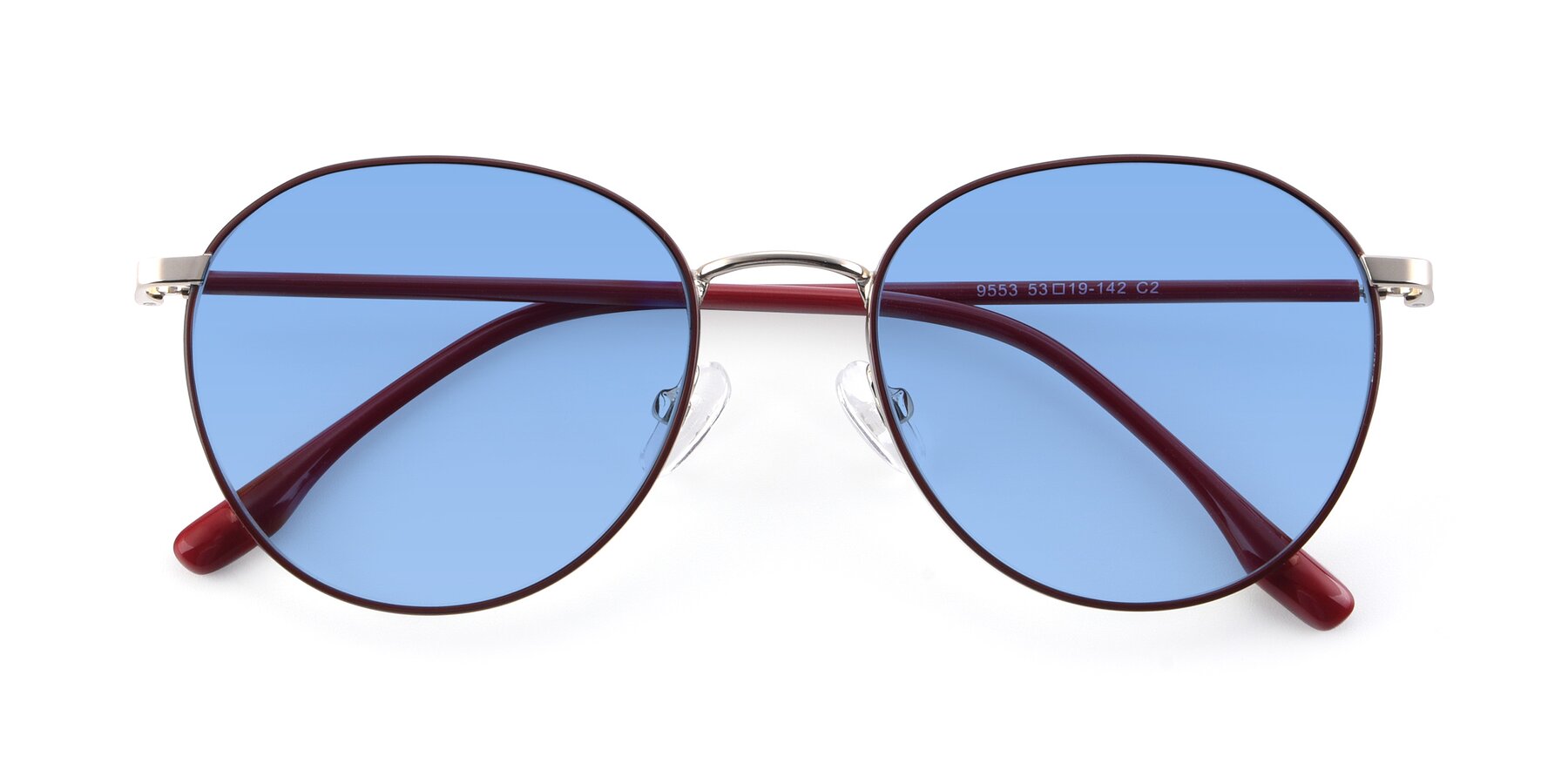 Folded Front of 9553 in Wine-Silver with Medium Blue Tinted Lenses