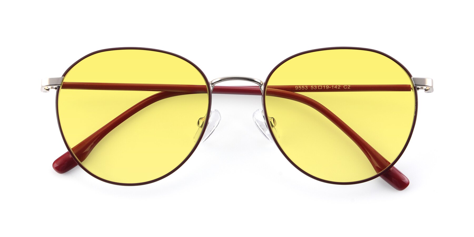 Folded Front of 9553 in Wine-Silver with Medium Yellow Tinted Lenses