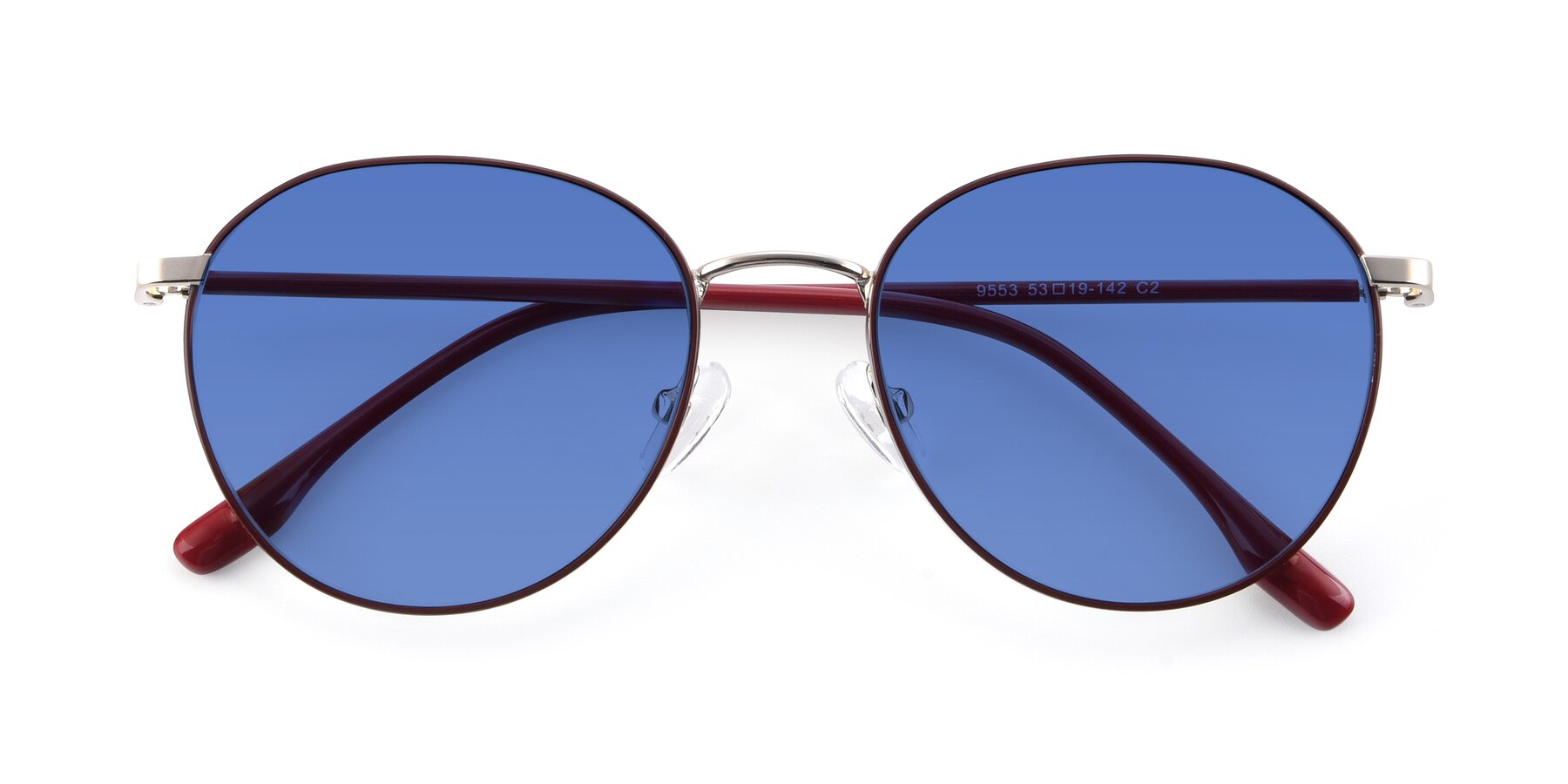 Folded Front of 9553 in Wine-Silver with Blue Tinted Lenses